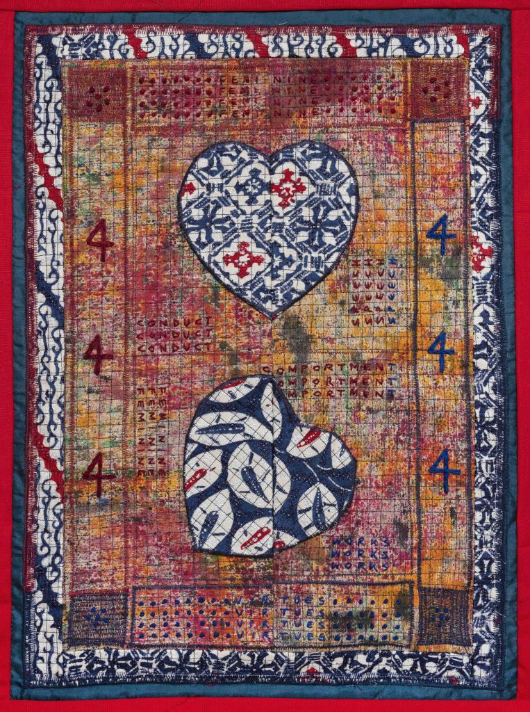 Kallol Datta, Poster 03a, 2025; Reconstructed haori, kebaya and sarie; silk, thread, pigment, cotton and polyester (17 1/2 x 13 in, 44.5 x 33 cm) (Image courtesy: Experimenter) 