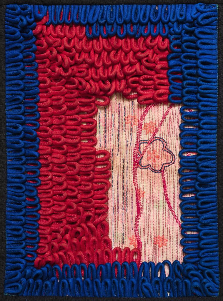 Kallol Datta, Poster 04, 2025; Reconstructed kimono; thread, tea, cotton and polyester (10 1/2 x 7 1/2 in, 26.7 x 19.1 cm) (Image courtesy: Experimenter)