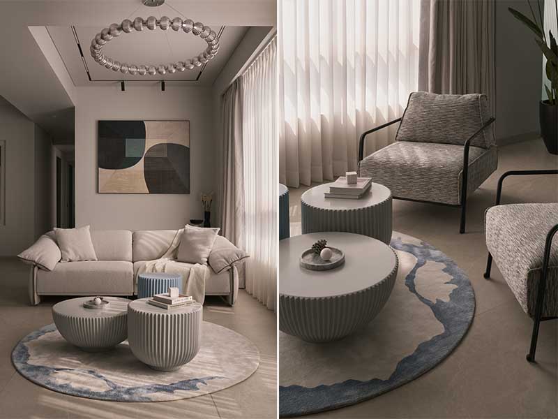 Left: In the living room, a trio of fluted coffee tables by NH48 rest atop a locally sourced rug that evokes tidal cartography. The circular chandelier, ceiling lights, plush sofa, cushions and armchairs, all sourced from local shops. Artworks from Frame Bazaar adorn the walls. Right: Gentle daylight filters in through curtains from Housewarming, casting soft shadows across the Bellicosa Tiles.
(Image Credits: Yadnyesh Joshi)
