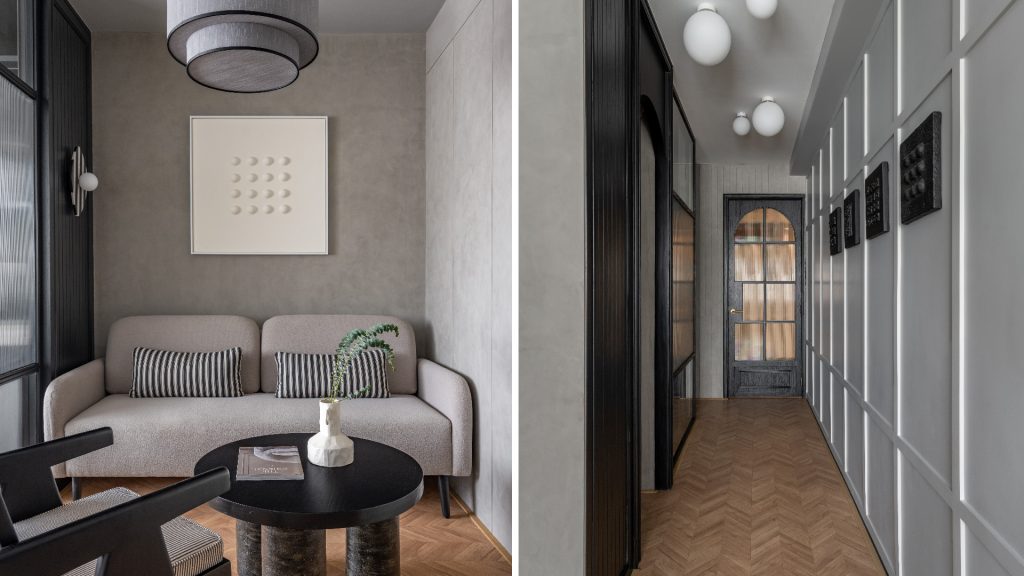 Left: All furniture in the lounge area, including the cushions, is from The Rocking Chair Company. The pendant light is from The Kaleido Store, and the wall sconces are from Geo Lighting. Minimalist artworks by Espravo, an artefact from H&M home, and soft furnishings by The Drape Shoppe add to the grandeur. (Image Credits: Kuber Shah)