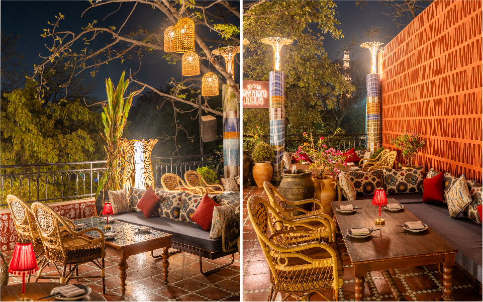 Left: Oversized planters and cane-lit canopies lend Mamma Killa an earthy vibe. Right: Terracotta walls wrap the space in warmth, echoing the earthbound soul of Mamma Killa’s celestial narrative. (Image Credits: Courtesy of Mamma Killa)

