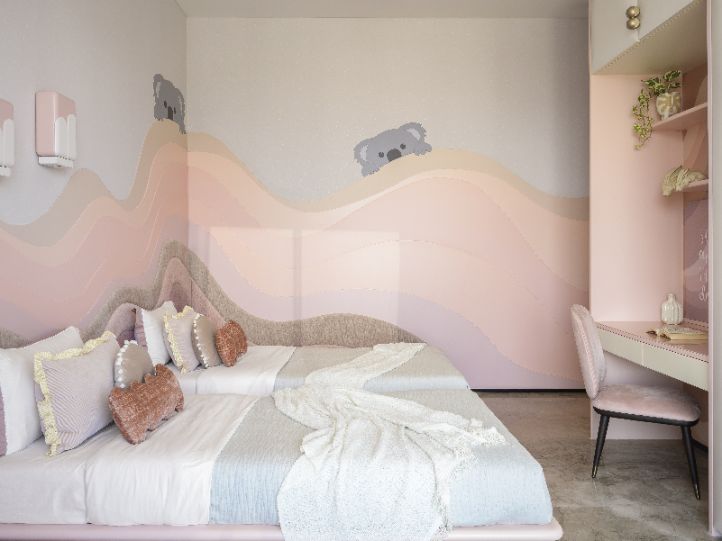 At Geome/Haus, designed by DesignHex, the daughter’s bedroom features wallpaper from Pride Furnishings, Lamps Designed By DesignHex and bedding by Bonnie & Saks. (Image Credits: Wabi Sabi) 