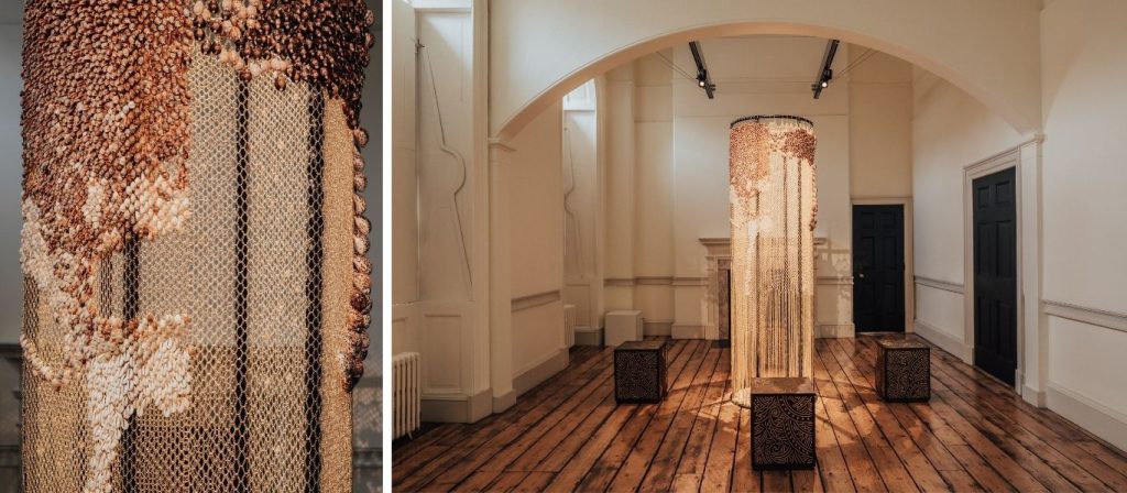 The strength of the Global South in a delicate drape of gold and cowrie shells. (Image credits: Wura, London Design Biennale, 2025)
