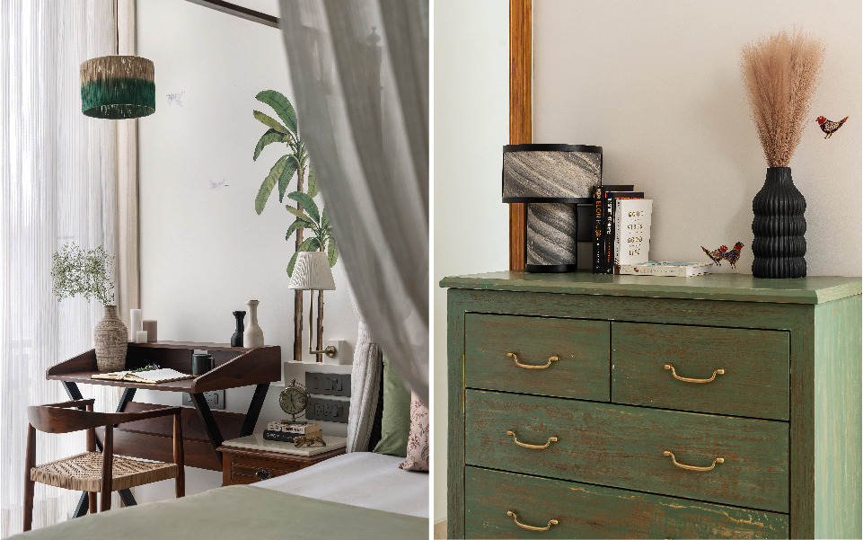 Left: A jute-fringed pendant from Orange Lane crowns the petite study corner, where decor from Claymen comes together in a tactile tableau of quietude. Right: Soft avian decals from Kalakaari Haath complement a distressed chest of drawers in the guest bedroom. (Image Credits: Biju Gopal) 
