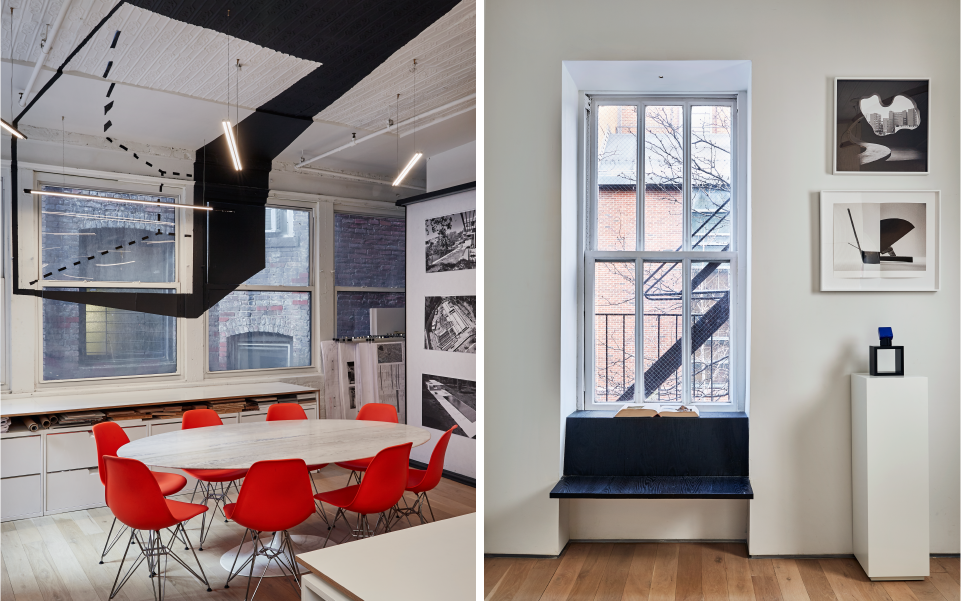 Left: At the Reddymade Studio, the conference area is anchored by bold red chairs set against serene white walls, embodying clarity, focus, and the emotional resonance of colour. Right: While the seating spaces offer soft textures and shifting natural light, they quietly encourage pause, reflection, and presence. (Image Credits: Seth Caplan)
