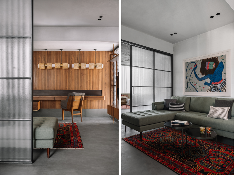 Left: Lights from Clay Mango India add a sense of geometry in the home office. Right: A sectional sofa from Blue Loft anchors the space. The offbeat artwork by Amit Ambalal and a Turkish rug inject colour into the home office. (Image Credits: Ishita Sitwala)