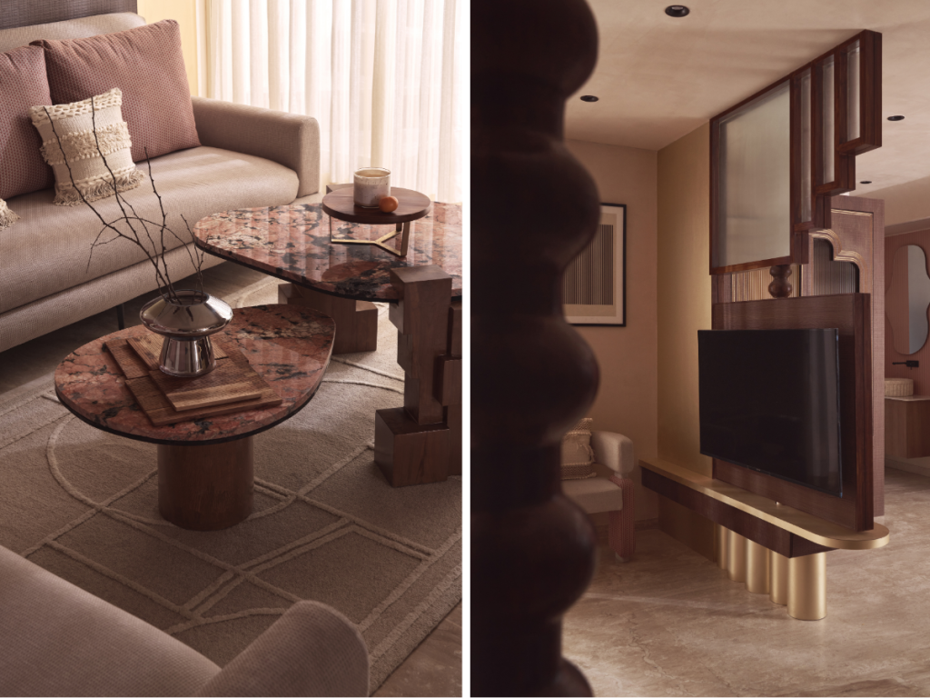 Left: Resting atop a bespoke handwoven carpet, a duet of centre tables in pink-veined stone from Grava punctuates the living room. Right: Defying convention, the pivoting TV unit with staggered geometry choreographs a kinetic partition within the living space. (Image Credits: Yadnyesh Joshi)
