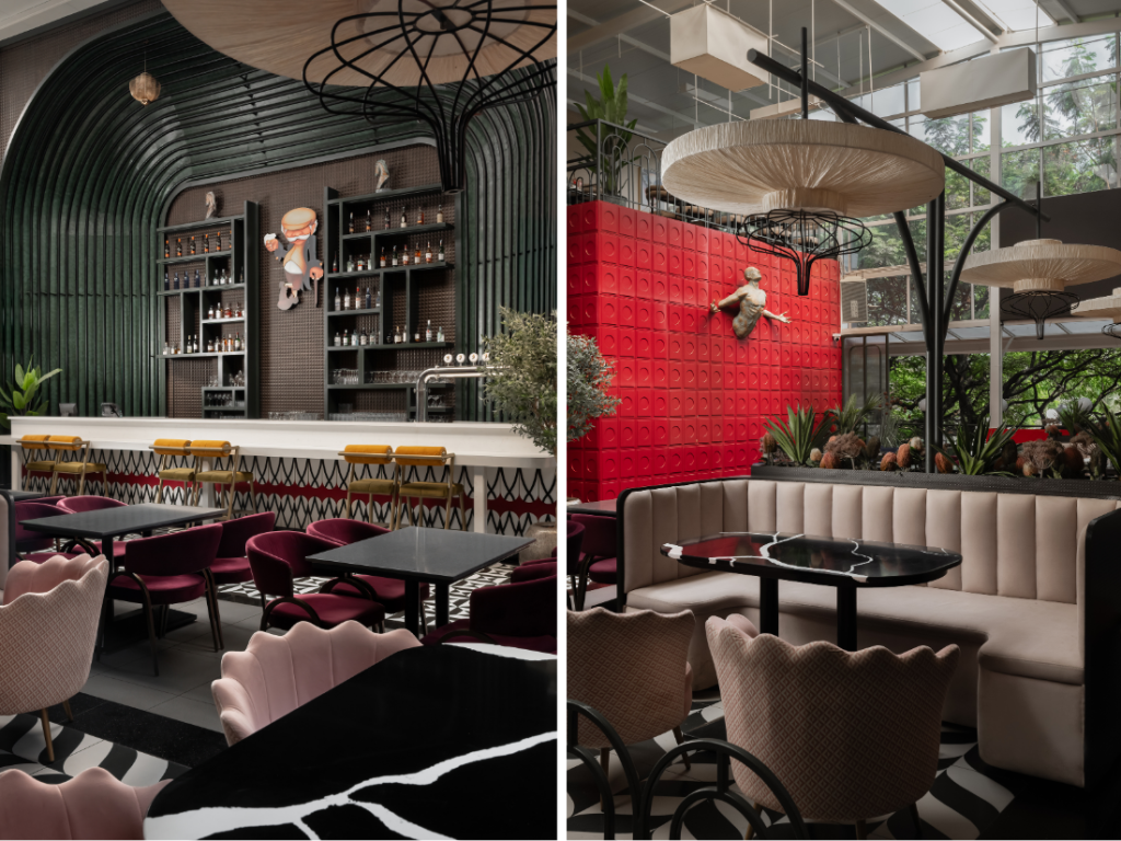 The layout unfolds around a central seating zone, offering uninterrupted views of the space. Whether you’re seated by the sculpted green-and-black bar arch on the left or facing the curved red grid walls on right, the experience is dynamic and layered. (Image credits: Arjun Krishna)
