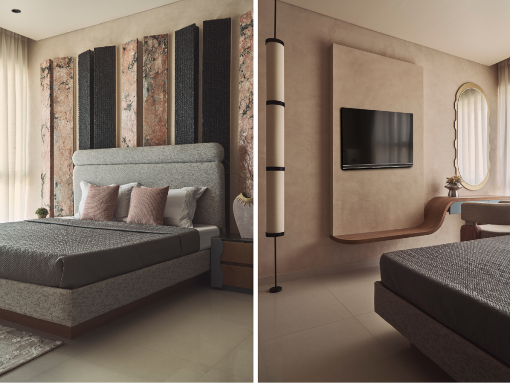 Left: The master suite’s palette draws from regional geology — pink granite and black basalt from Grava — their articulated forms softened by layered textiles and upholstery. Right: A floor-to-ceiling lighting fixture from Thakur Lamps flanks the sleek entertainment and study zone. (Image Credits: Yadnyesh Joshi)
