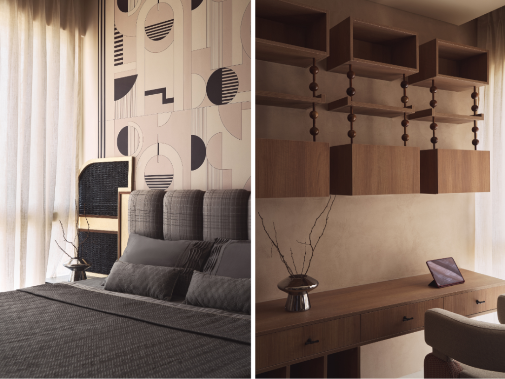 Left: Cool, graphic, and unmistakably confident, the son’s bedroom pulses with personality minus the fuss. Right: A custom teakwood study table and a floating cabinet system suspended on slender spindles elevate the eye and liberate the floor. Gleaming in metal, a petite vase from Laavendur Artifacts Studio harbours natural twigs. (Image Credits: Yadnyesh Joshi)
