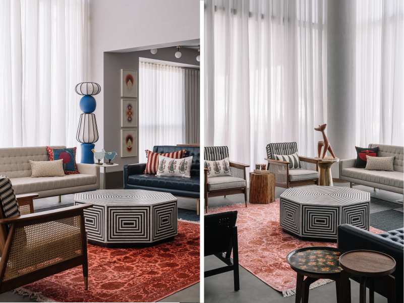 Left: The living room is a collage of contrasts. A traditional carpet from Jaipur rugs softens the concrete flooring. The floor lamp is a Harshita Jhamtani X Length Breadth Height design. The sofa set is from Magari, and the armchairs are crafted by KBP Interior Projects. Right: The coffee table and side tables are from The House of Things. The vibrant cushions are from Good Earth India. The terra-hued deer is crafted by sculptor Vyom. Artworks by Tanya Goel. (Image Credits: Ishita Sitwala) 