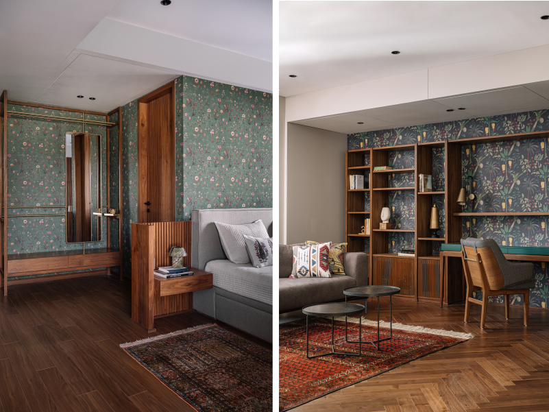 Left: The guest bedroom is adorned with delicate floral wallpaper from Nilaya by Asian Paints, enveloping the space in quiet luxury. Right: In the master suite, a botanical wallpaper from Good Earth India adds depth in the built-in study nook and shelving. (Image Credits: Ishita Sitwala)
