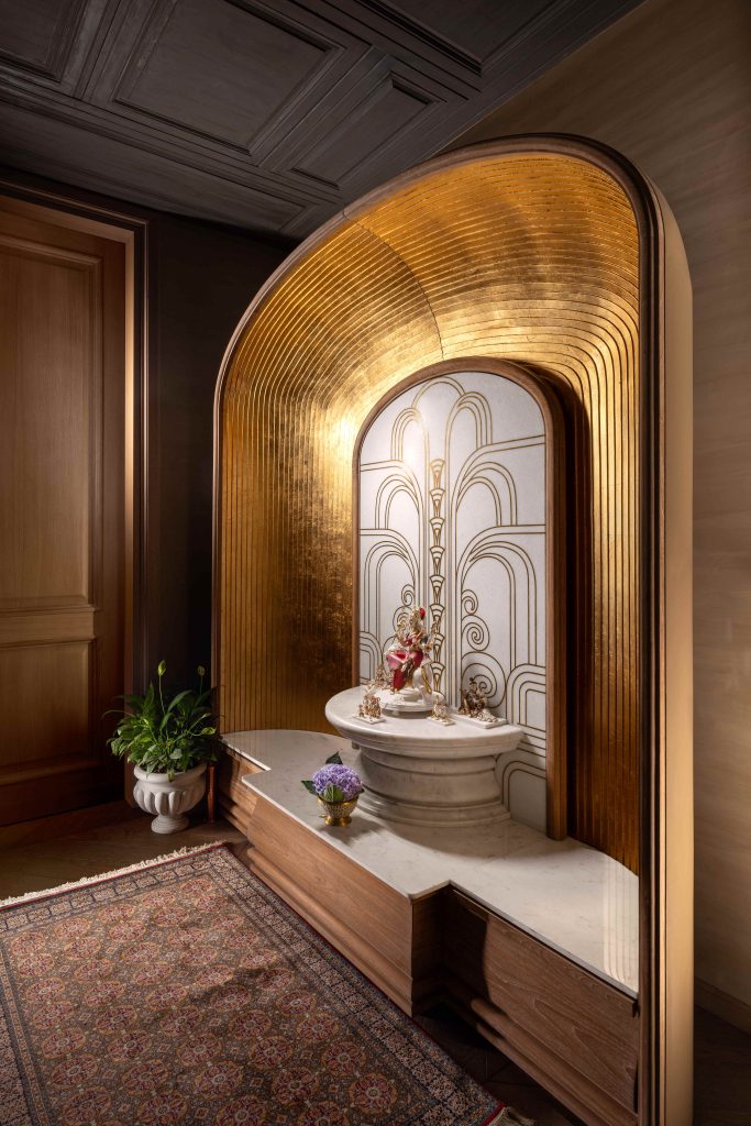 Open yet intimate, this Art Deco inspired mandir ensures that the presence of the sacred is never out of sight, creating a quiet reminder of stillness at the heart of daily life. (Image Credits: Atul Pratap Chauhan) 