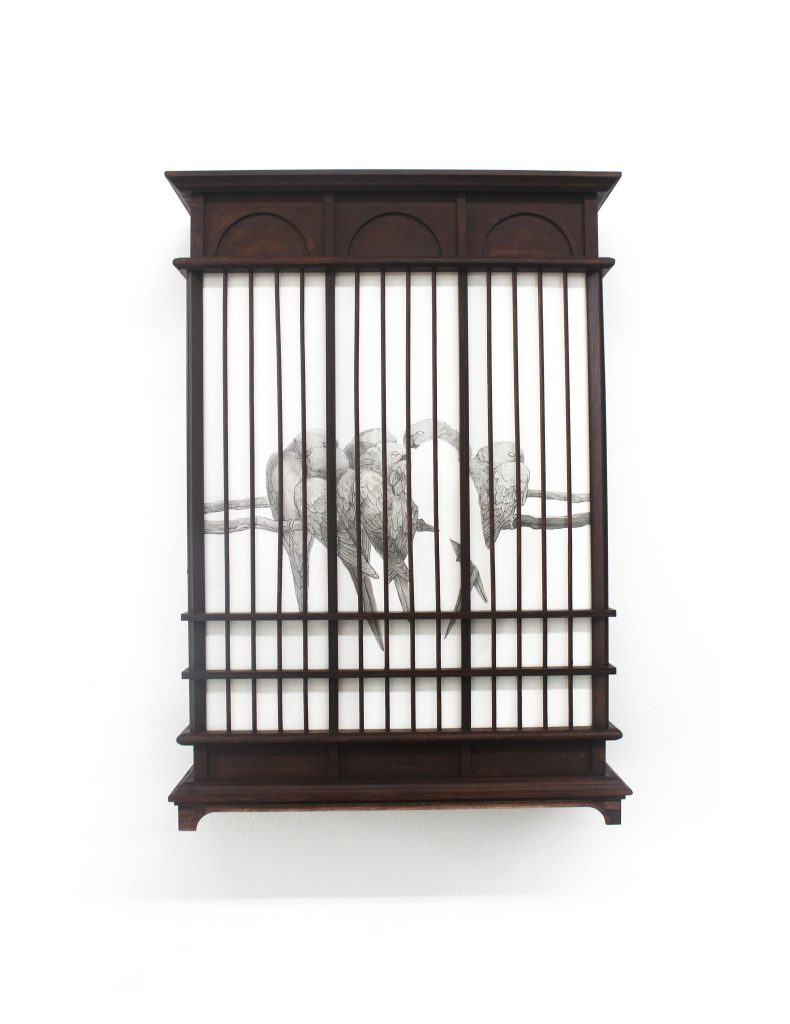 ‘Spaces and Memories VIII’ by Firi Rehman, 2024, Pen on Paper and Wooden Cage, 55 x 40 x 14 cm. (Image Credits: Saskia Fernando Gallery) 