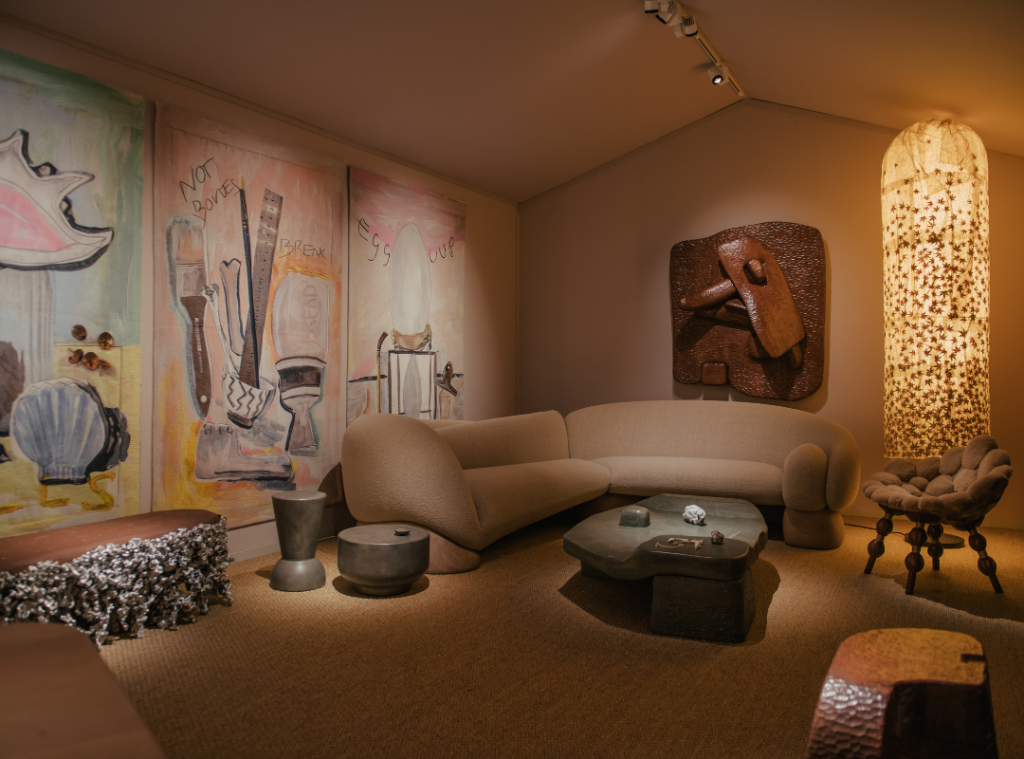 The booth unfolds like a collector’s cabinet of curiosities, where Faye Toogood’s poetic curation transforms found objects and design masterpieces into a tactile meditation on memory and material. (Image Credits: Genevieve Lutkin) 