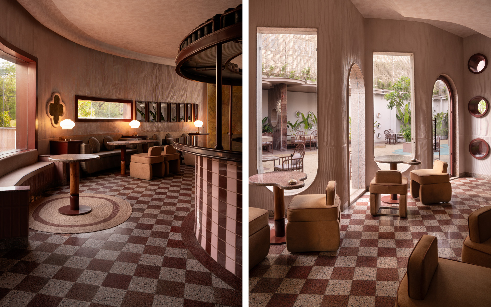 Left: The handcrafted checkered flooring in rouge-toned granite delivers a sharp jolt of contrast against the muted plaster walls. Right: Each tile, inspired by Jaipur’s traditional stone inlay patterns and cut and laid by local artisans, grounds the space in a graphic language that is contemporary and yet rooted in the city’s craft lineage. (Image Credits: Avesh Gaur)