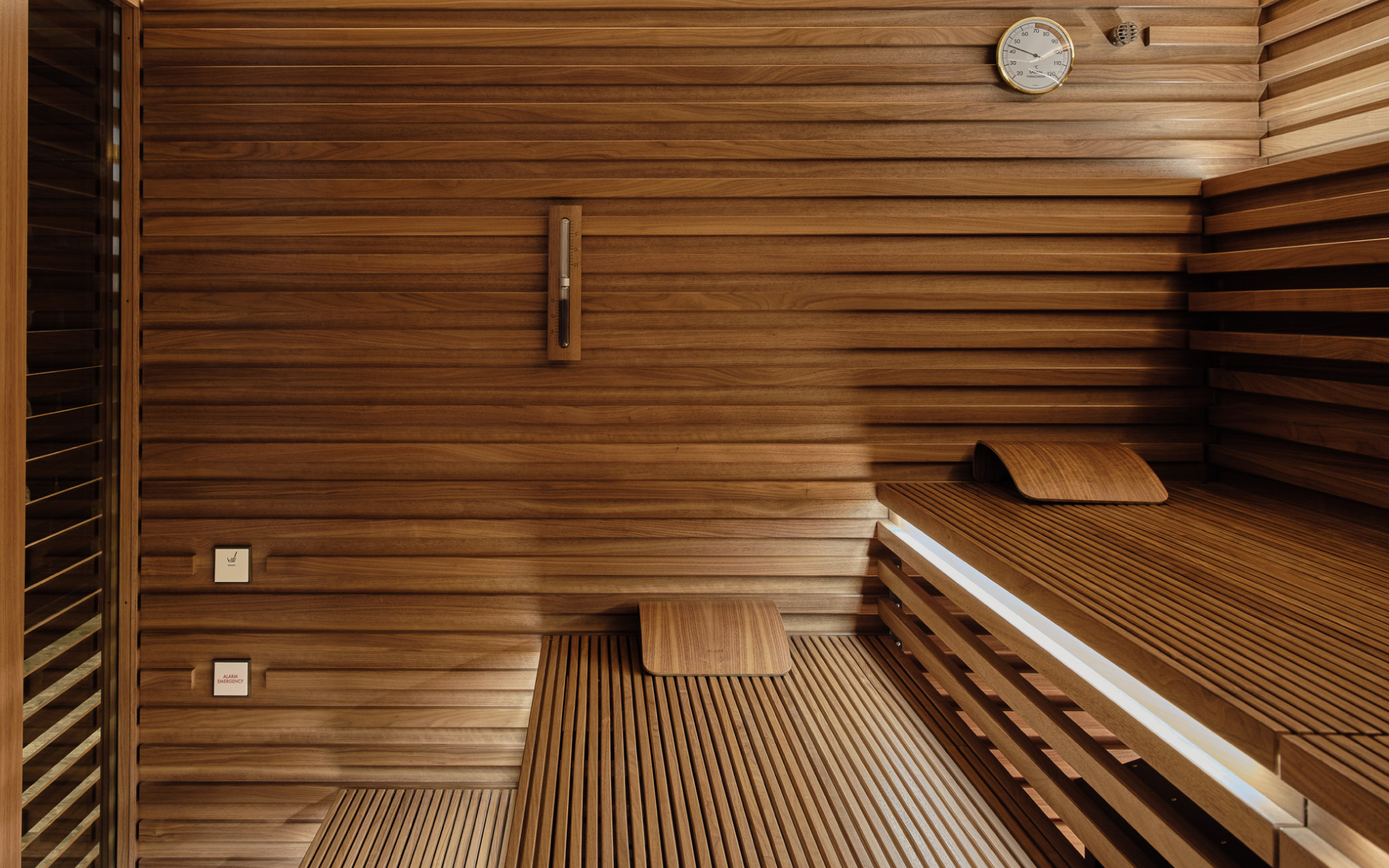 A signature highlight of the wellness area is the KLAFS sauna by Matteo Thun, where bespoke design meets next-generation heating technology. (Image Credit: Elias Hassos)