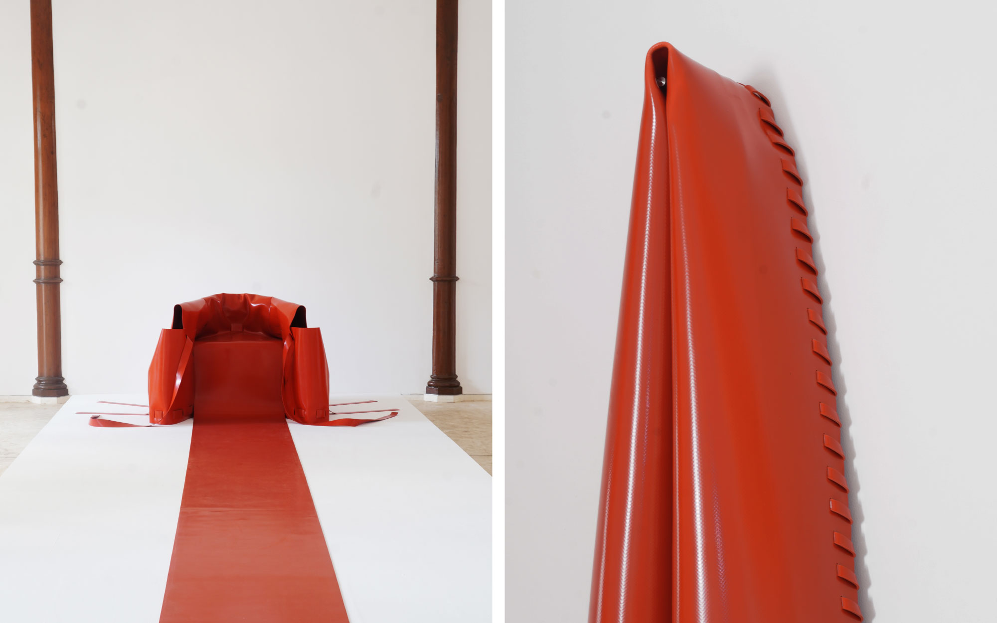 In his innovative process, Sudheer sandwiches a layer of compressed mesh between sheets of rubber, adding pigments to create this colourful and resilient material. Image Credits: Æquō.