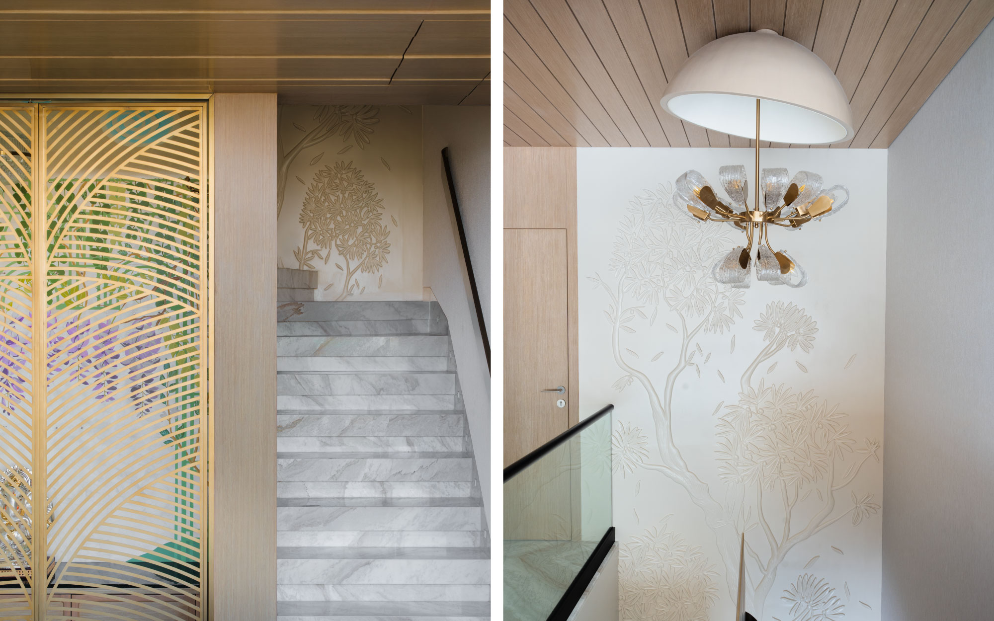 Left: Sacredness finds form in the mandir, where brass shutters with perforated arcs open to reveal a vivid backdrop, handpainted by artist Nilesh Kinkle. Right: The staircase wall becomes a canvas for a custom 3D mural — trees and intricacies sculpted into permanence. The chandelier is from The White Teak Company. (Image Credits: Rohit Mendiratta)