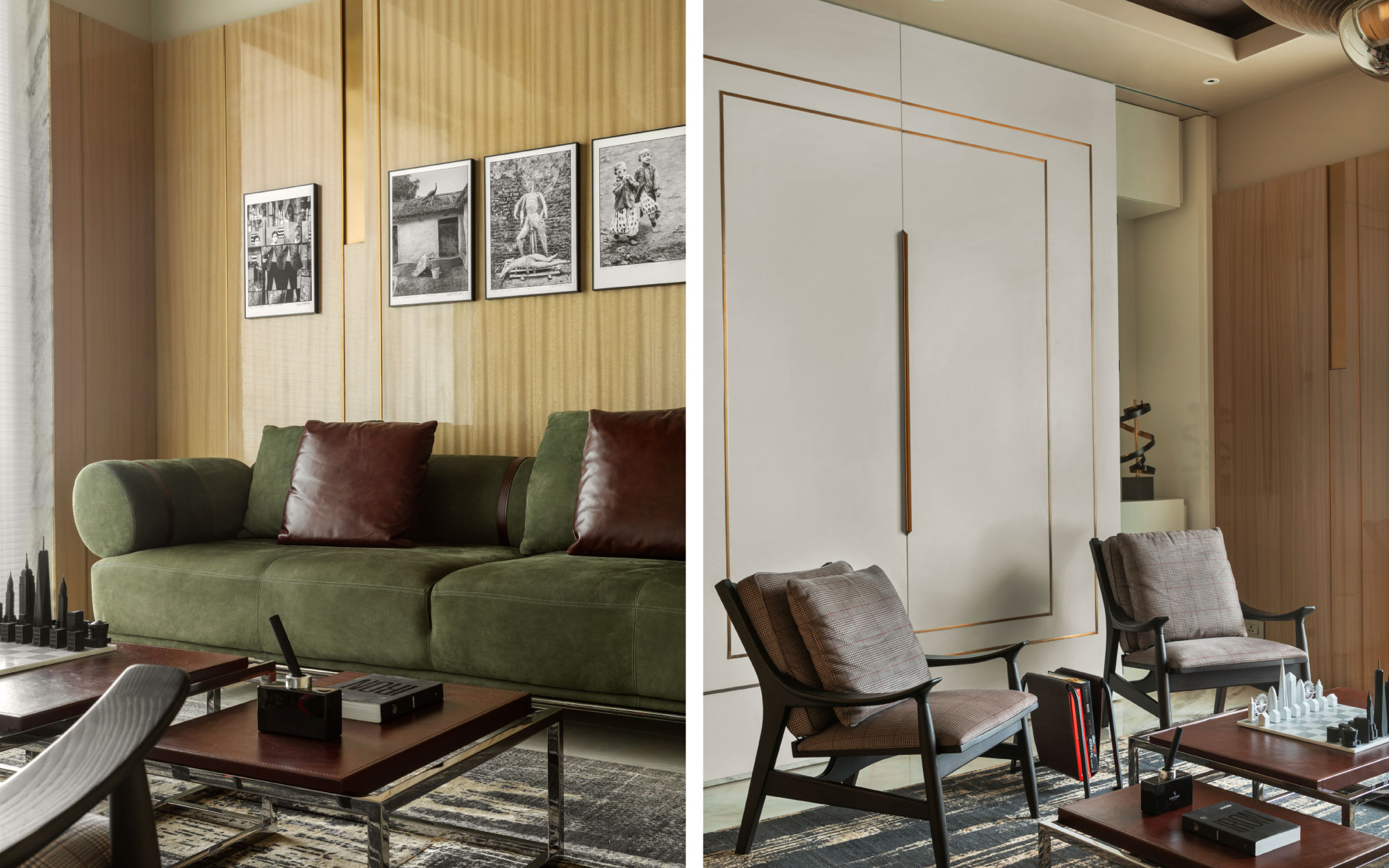 Left: The home office pairs a juniper green sofa from Gianfranco Ferre Home (sourced from Villa Interieur) with a linear-patterned rug from Jaipur Rugs. Eucalyptus veneer panelling adds warmth, while art from the client’s collection completes the setting. Right: A set of accent chairs from Gianfranco Ferre Home (sourced from Villa Interieur) sits beside a chess set from INV HOMES, adding a quiet moment of leisure to the space. (Image Credits: Gitesh Gupta, Studio Bluora)