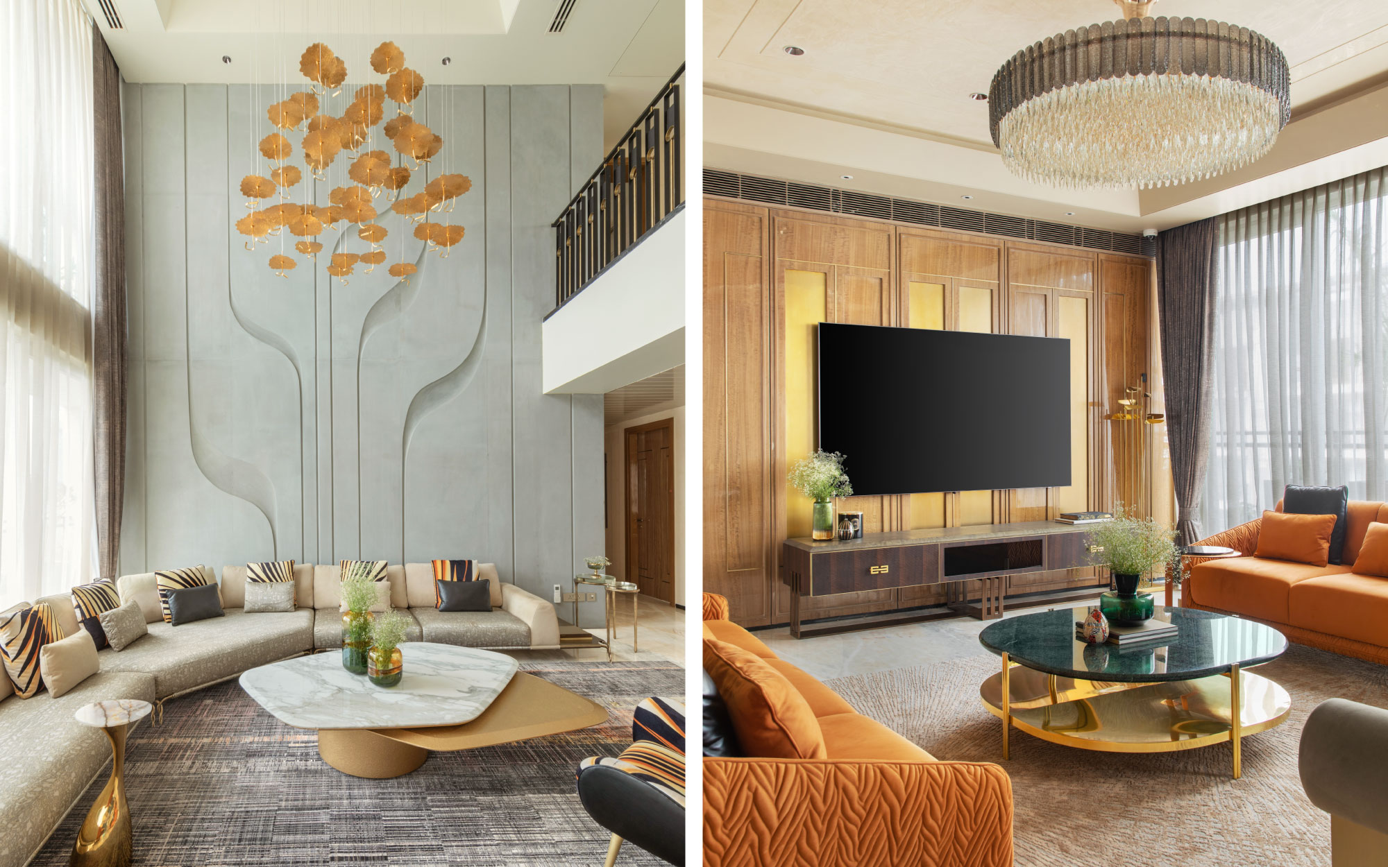 Left: In the living room, warm lighting from Ledos creates an inviting glow, highlighting the refined mix of textures and tones. A richly woven rug from Jaipur Rugs grounds the space, while sculptural tables—by Medea Italy and Dorisofia Studio—add layers of visual interest. The space, complemented by thoughtfully placed vases from Armoire that add an artful, curated softness to the setting. Right: A warm wash of light from Ledos highlights the elegant layers in this corner of the living room. The Michael Angelo marble flooring sets a luminous base, atop which a sculptural centre table by Boca do Lobo takes centre stage. A soft rug from Jaipur Rugs, vases from Armoire and carefully chosen décor accents from Apartment9 and INV Homes add personality, texture, and a sense of lived-in luxury. (Image Credits: Gitesh Gupta, Studio Bluora)