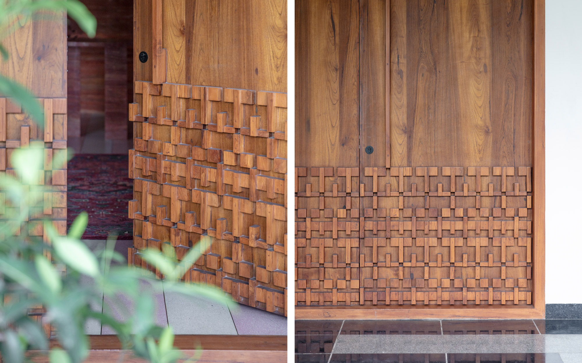 The nearly five-foot-wide teak main door, painted in a dusky rose tint derived from madder pigment sourced from Uttarakhand, features intricate woodwork inspired by weaving patterns. (Image Credit: Pankaj Anand)