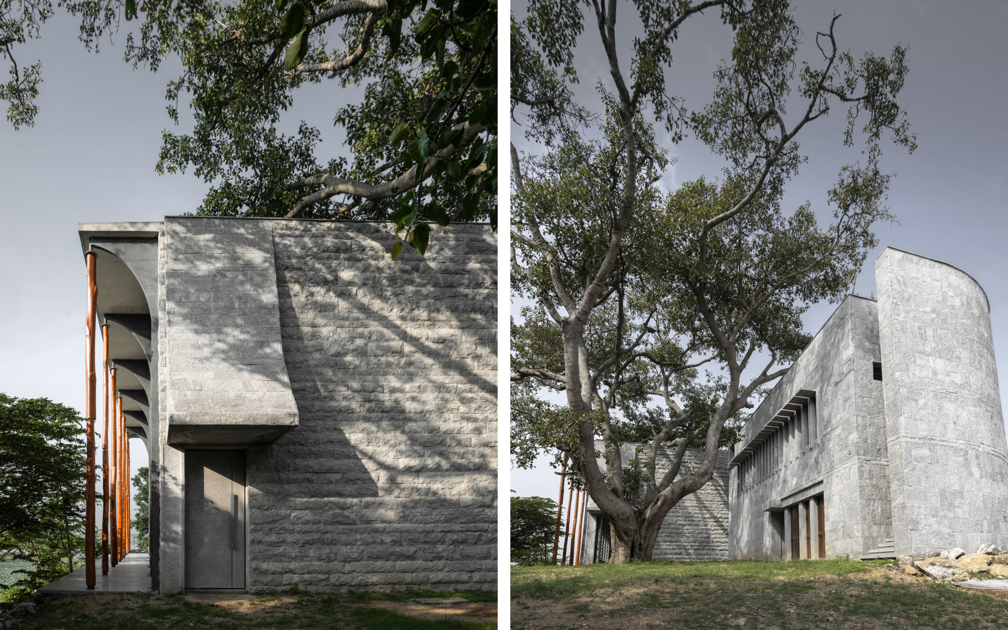 Left: Reclaimed eucalyptus logs paired with a natural arch made from drooping Banyan branches support the roof of the community hall. Right: The structure curves gently to accommodate a staircase that leads to the terrace. (Image Credits: Niveditaa Gupta)