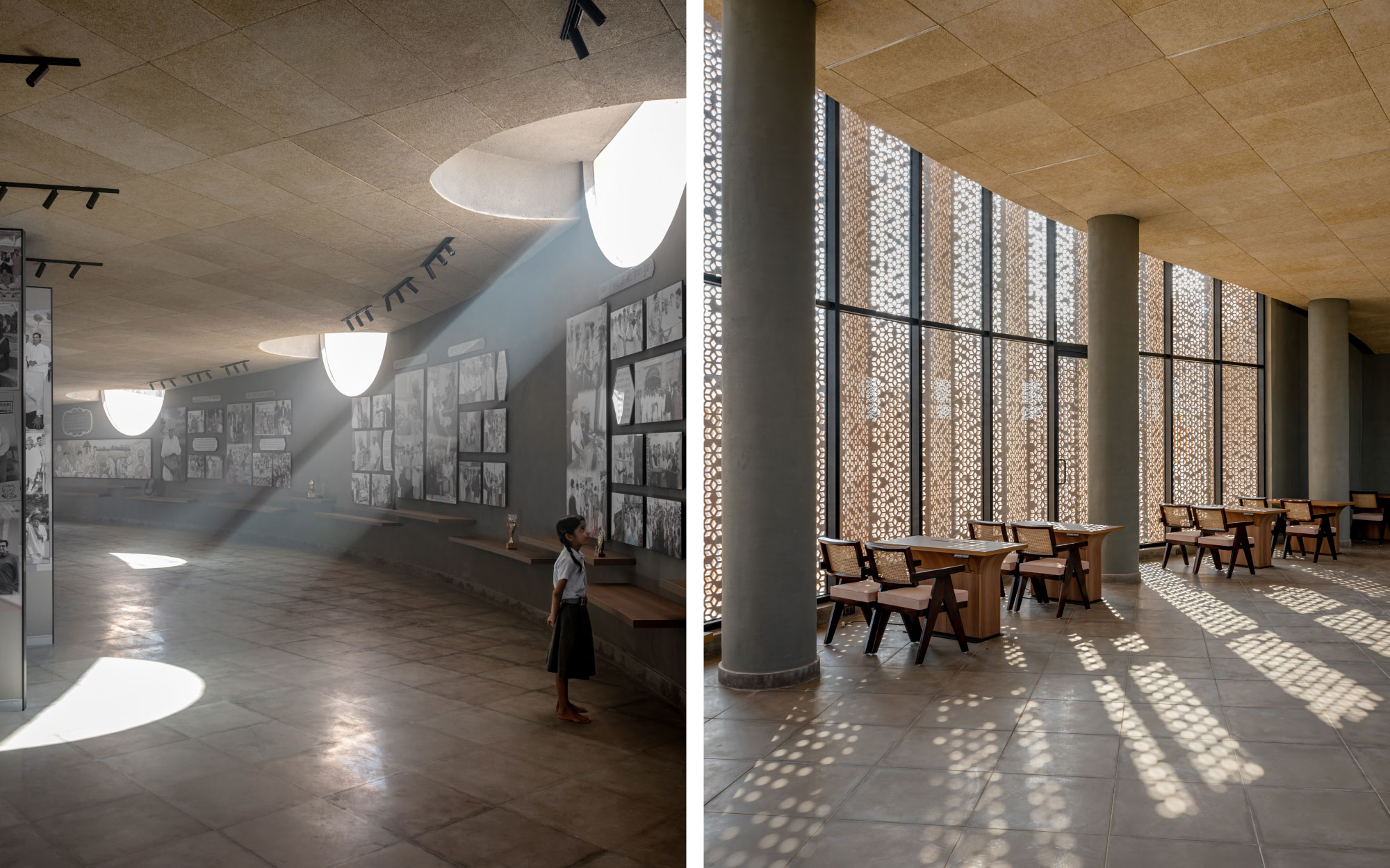 Left: The exhibition hall, bathed in soft daylight through strategically placed skylights, becomes a contemplative space paying homage to memory, craft, and cultural legacy. Right: The classroom, nestled beneath the rooftop garden, stays naturally cool and illuminated, offering a serene, insulated space amidst the hot and dry desert landscape. (Image Credits: Vinay Panjwani)