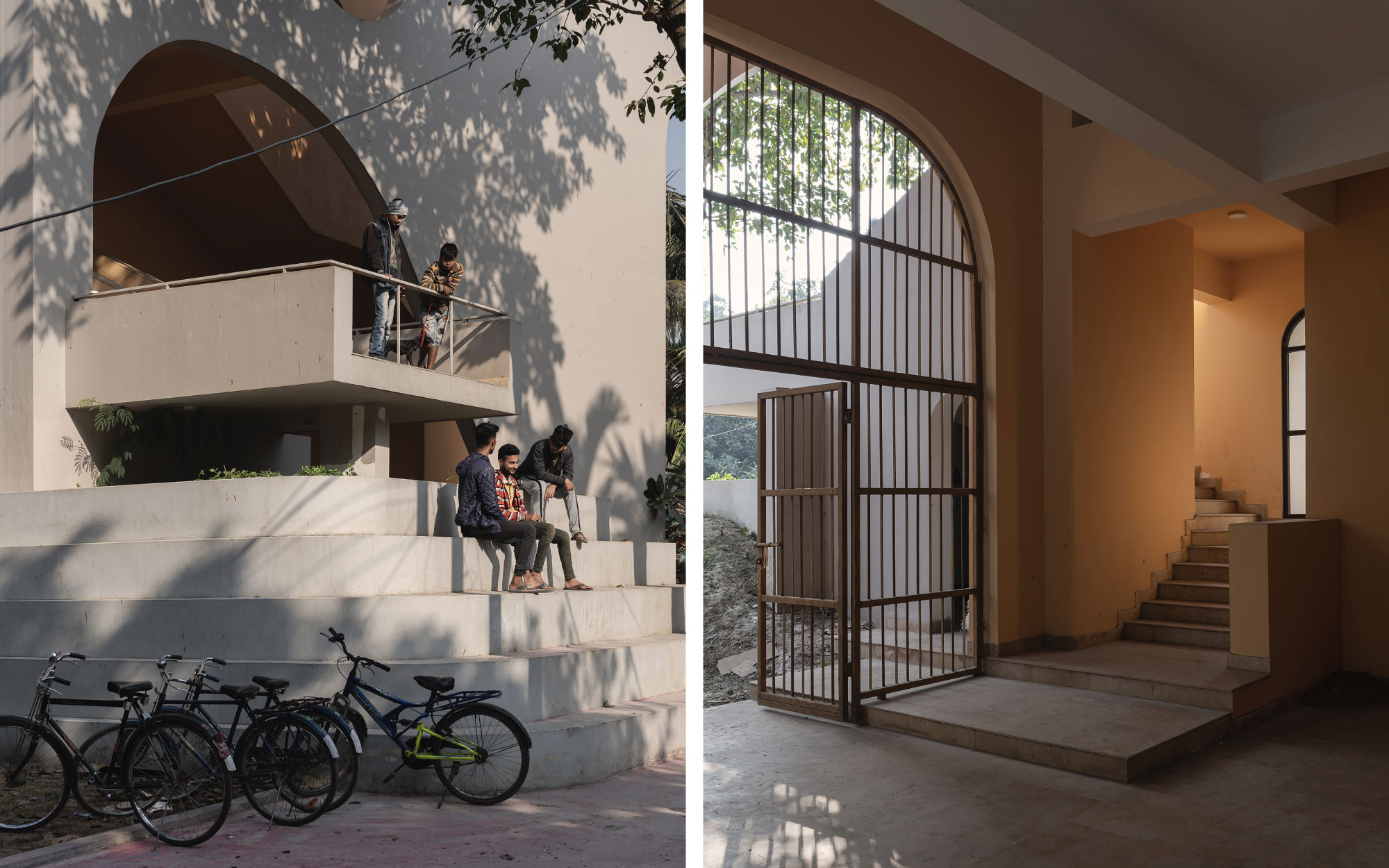 Left: Steps and landings along the facade double as informal seating zones, encouraging pause, interaction, and community engagement beyond the hall’s interior. Right: The central foyer, accessed through a dramatic arched gateway, acts as a transitional spine. (Image Credits: Syam Sreeylam)