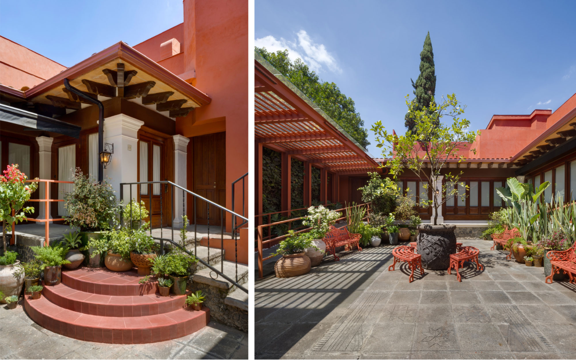 (Left) A curved corner stair, where the family historically gathered and posed for numerous portraits, which were lost in previous renovations, have been reintroduced to the garden design. (Right) Courtyard. (Image Credit: Rafael Gamo for Rockwell Group)