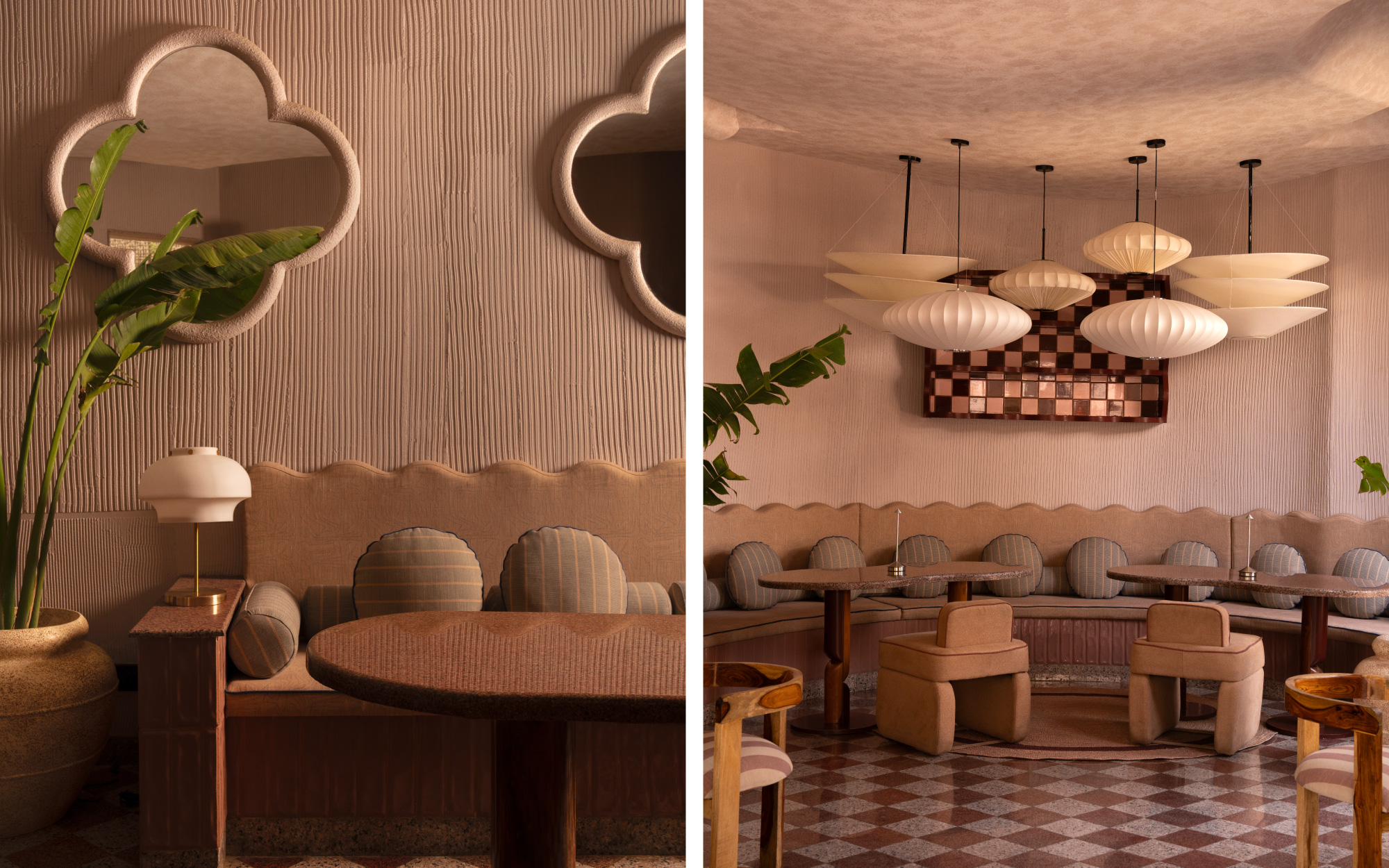 Left: Soft ceiling undulations and rhythmic wall textures establish the atmospheric calm that defines the interiors. Right: A constellation of lantern-like pendants introduces a soft, diffused glow, anchoring the sculpted banquette below in a warm, enveloping rhythm. (Image Credits: Avesh Gaur)