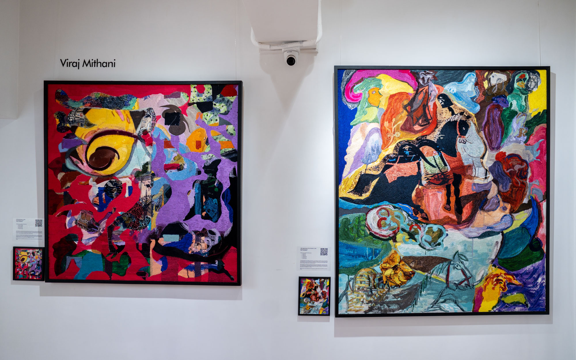 (L–R) SH Raza’s ‘Tanava,’ ‘Prakriti,’ Priyantha Udagedara’s ‘Taprobane III (Variation 1),’ and Raza’s ‘Surya Namaskar’ masterfully reinterpreted in delicate hand embroidery on cotton poplin, the works come alive as artisans demonstrate age-old techniques in real time. (Image Credits: Courtesy of Milaaya Art Gallery)