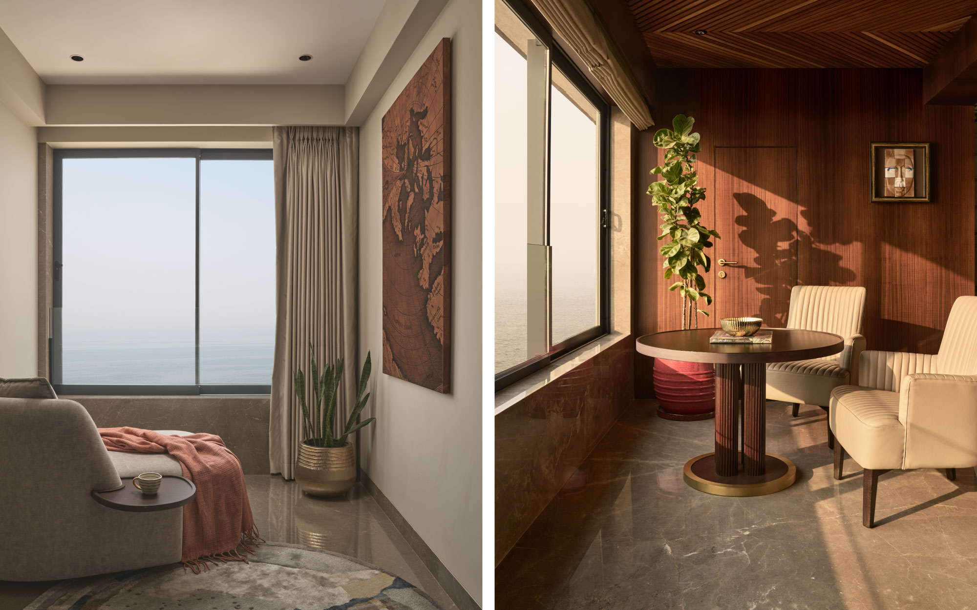 The carpet in the look-out area in the daughter’s room is by Jaipur Rugs and the map-themed art was sourced from The Great Eastern Home; a cosy wooden look-out in the living room brings in fantastic sea views too. (Image Credits: Yadnyesh Joshi)