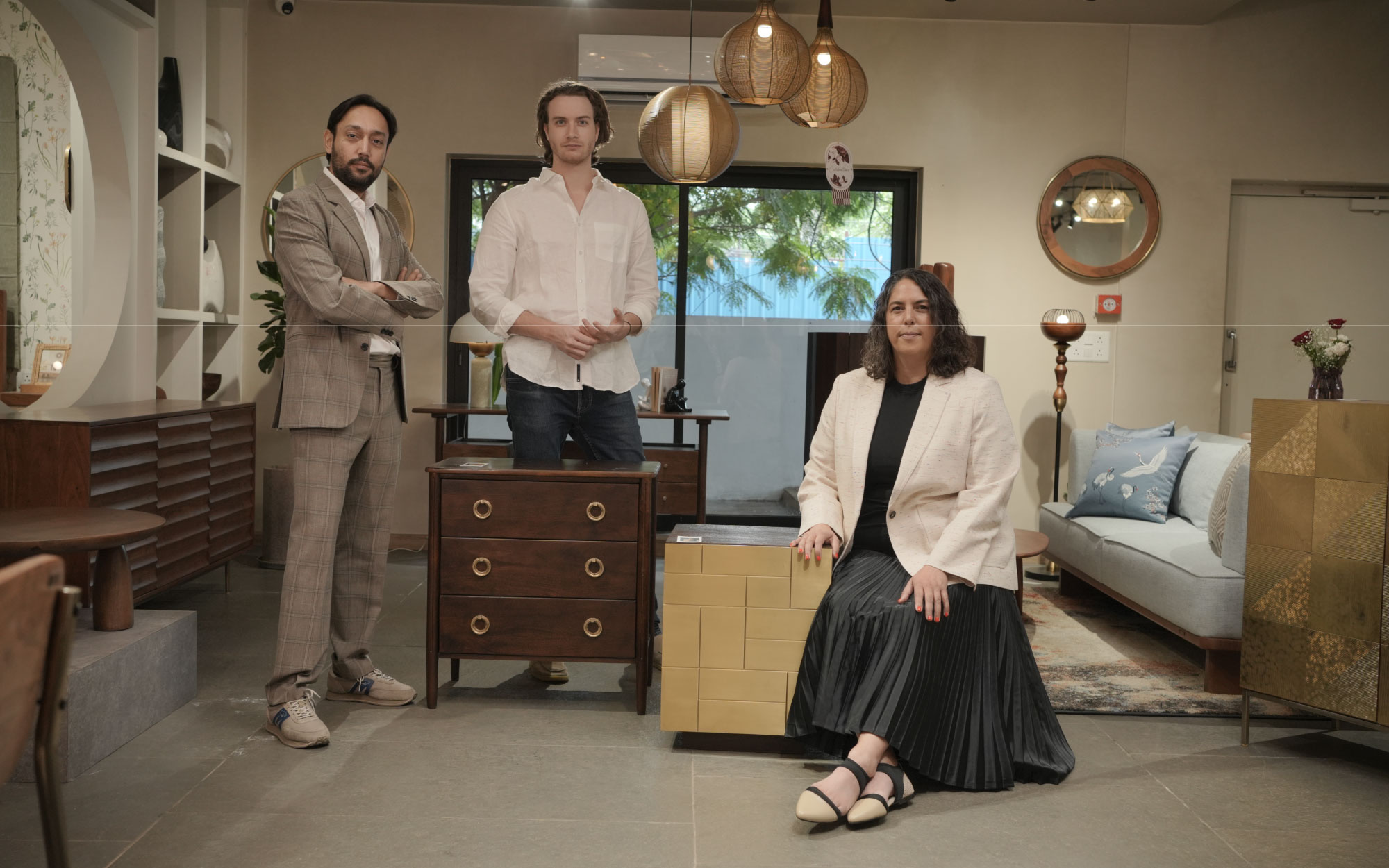 Gaurav Jain, Founder and Creative Director of Orange Tree, Sam Greig, lead designer of Swoon and Debbie Williamson, Co-founder of Swoon at the Orange Tree Hyderabad store. (Image Credits: Orange Tree)
