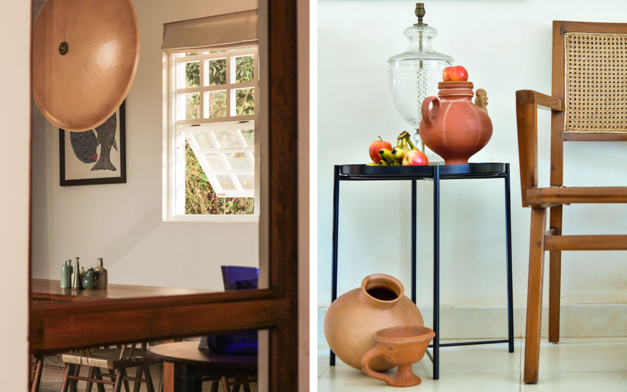 Left to Right: Hanging light from Sotohaus and a collection of vases from Thomas the Potter (Image credits: Meshullam Nongsteng); The iconic Goan rooster water jug—a quintessential piece from Mapusa market. (Image credits: Sanjeet Wahi)