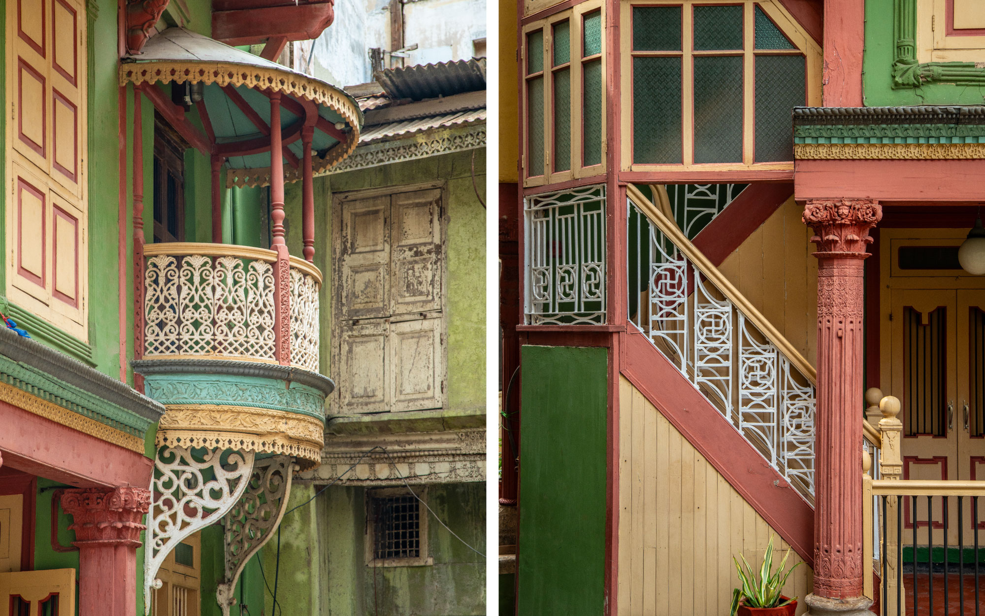 Left: The circular wrought iron balconies at Mangaldas Ni Haveli II supported by brackets glimpse at the cityscape. Right: The facade with ornate columns, wrought iron, and wooden accents reflects Ahmedabad’s rich history. (Image Credits: Courtesy of the House Of MG)