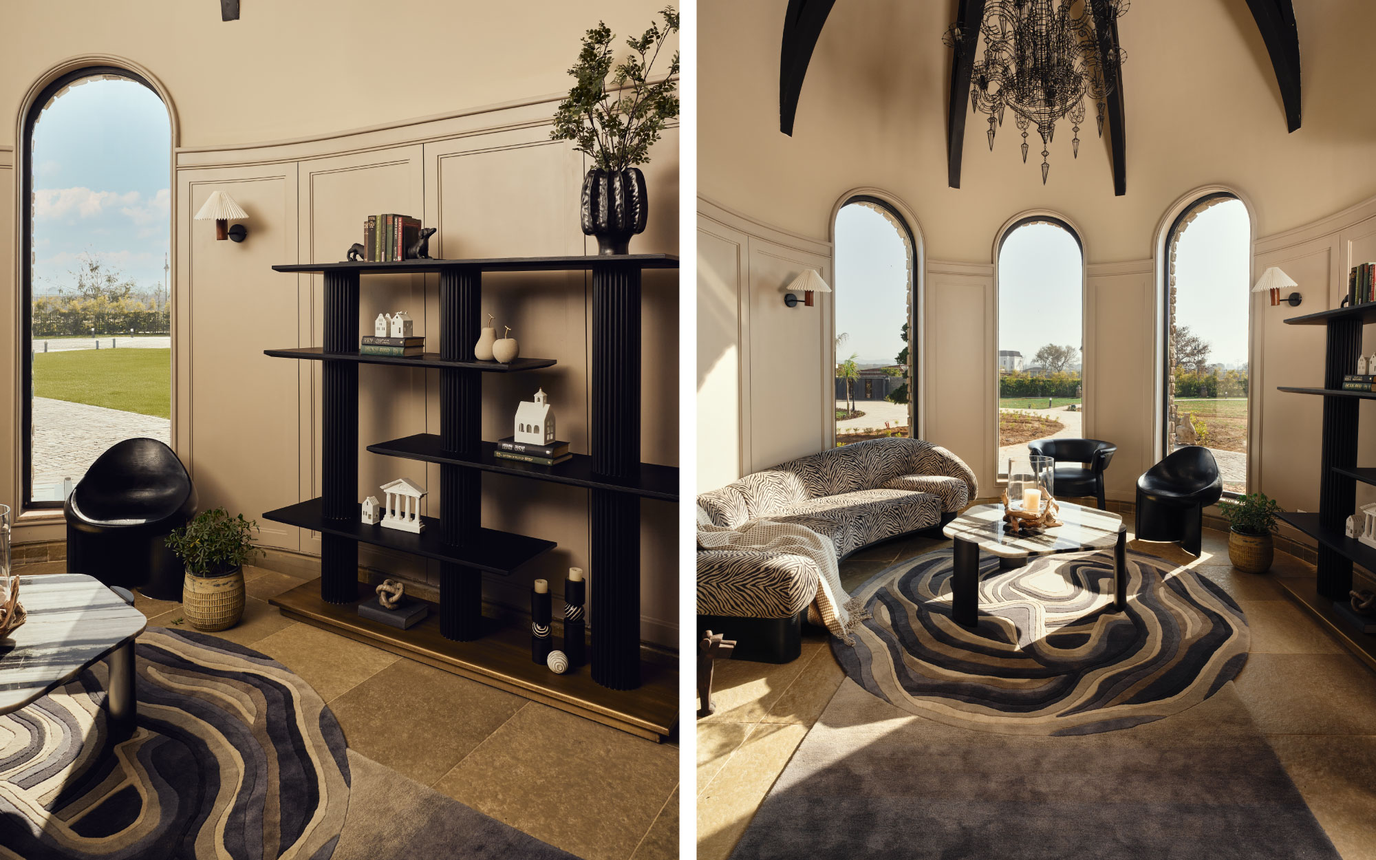 Left: A black pillared shelf from The House of Things adds sculptural depth and definition to the lounge space, anchoring the room with its bold silhouette. Right: In the ground-floor lounge, a delicate chandelier by Lightbox floats overhead, a bold zebra-print sofa from Sand Living anchors the space, with a coffee table from Ziba Homes, and chairs by Escape by Creatomy. (Image Credits: Rohit Mendiratta)
