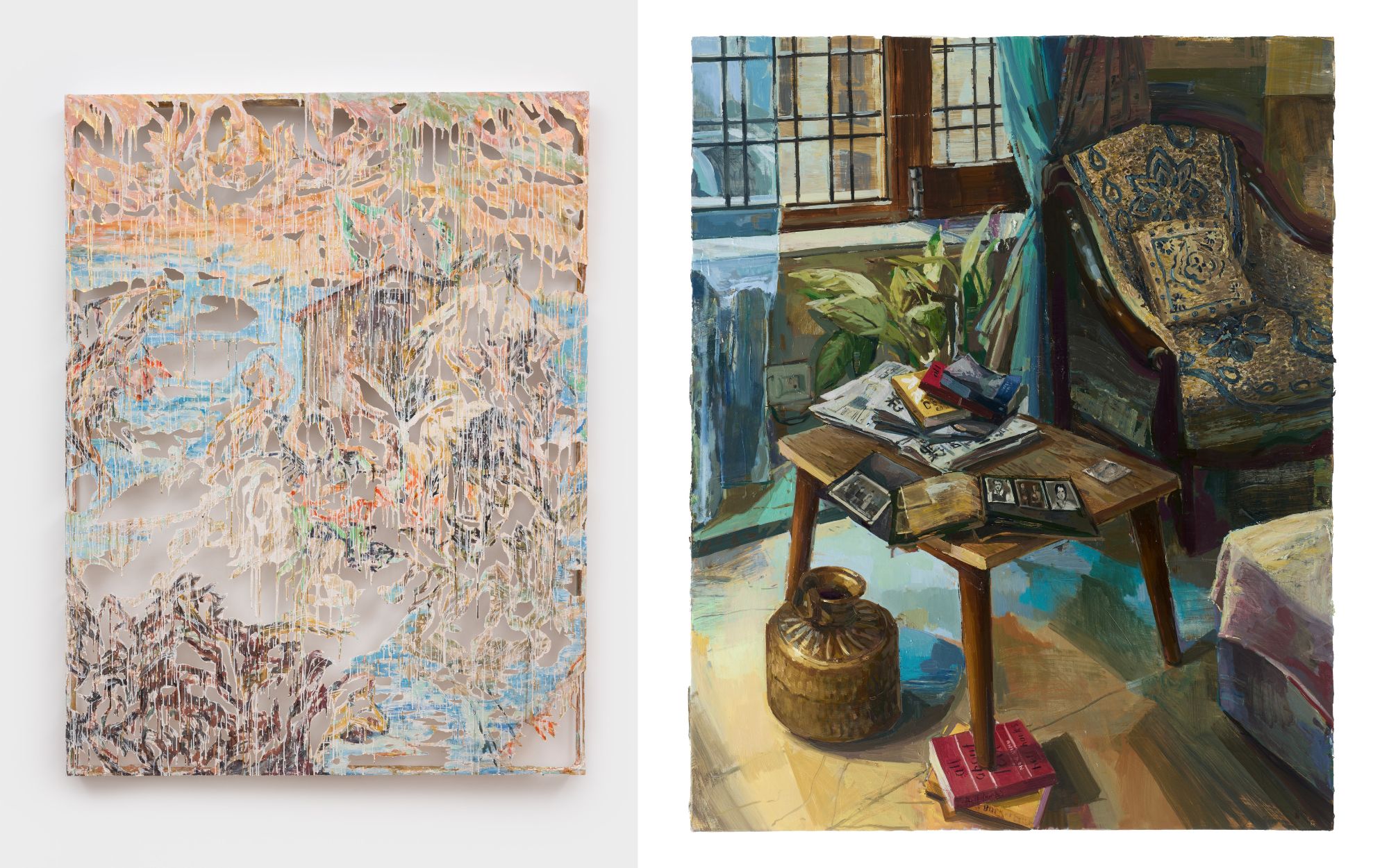 Left: Di Sotto In Sù (From Below Upward) by Diana Al-Hadid, gypsum, plaster, fibreglass, steel, metal leaf and pigment, 160 x 210.8 x 10.2 cm; Right: Where Do We Come From by Ricky Vasan, oil on linen, 150 x 120 cm (Image Credits: the artists and Galerie ISA)