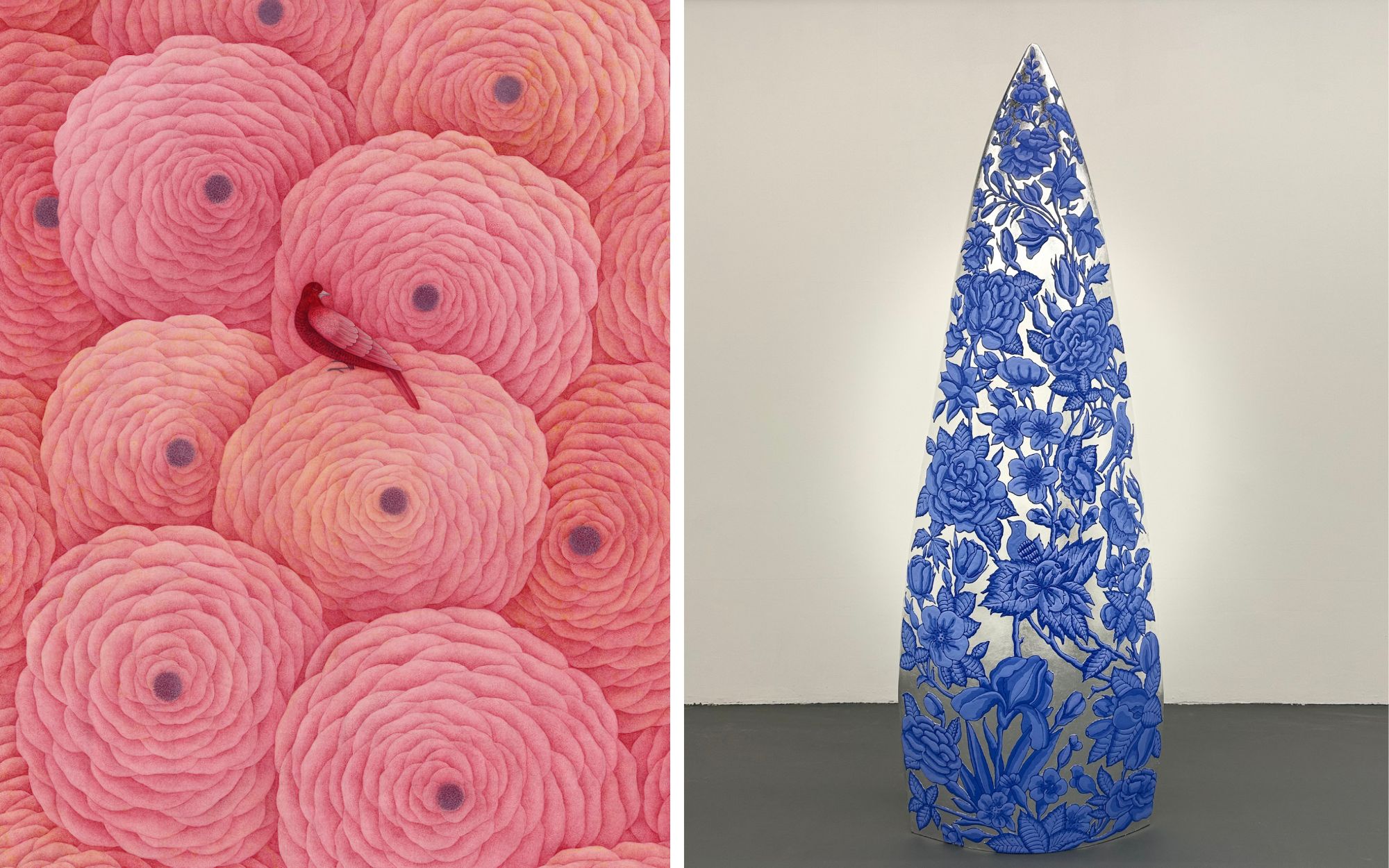Left: Pink Bloom by Maryam Lamei, acrylic on canvas, 250 x 140 cm; Right: The Beauty of Spring by Morteza Darehbaghi, mixed media on fibreglass, 250 x 85 x 40 cm (Image Credits: Leila Heller Gallery)