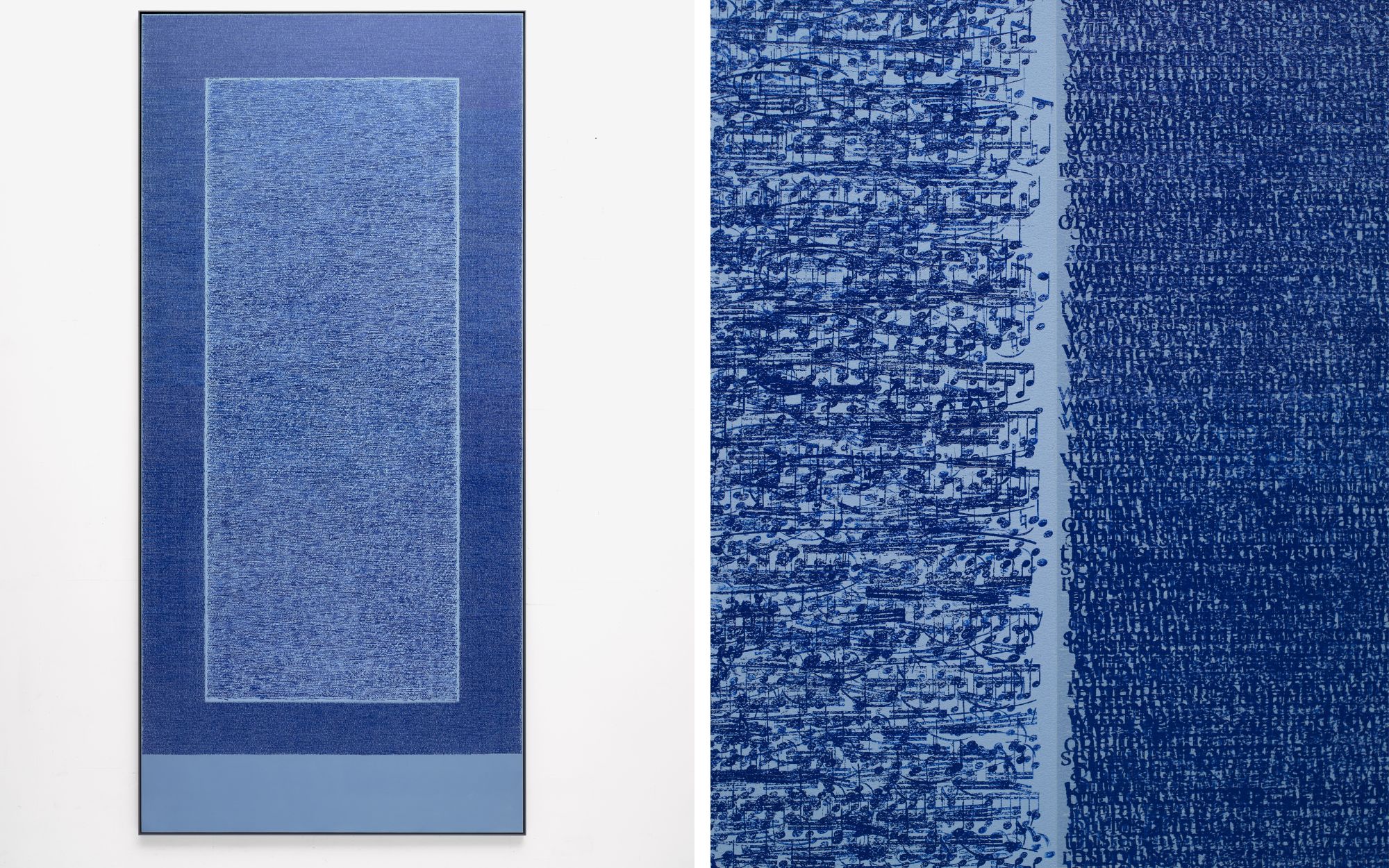 On Reflection by Idris Khan, oil based ink on gesso, on aluminium, 302 x 142 x 5 cm (Image Credits: Idris Khan, Archives Mennour, Paris)