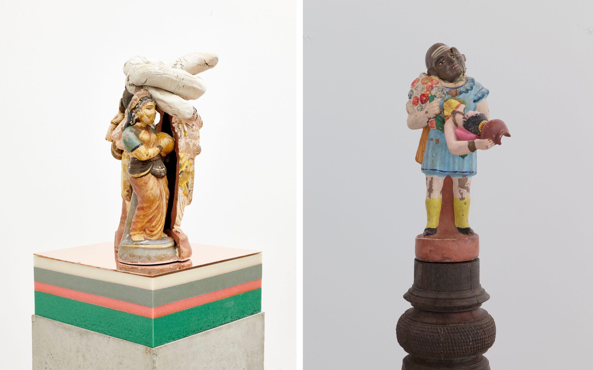 Left: Shit Heads, clay, cement, wax, copper/brass, 135 x 29 x 29 cm; Right: The Intermediaries, wood and clay, 142 x 15 x 19.2 cm by Bharti Kher (Image Credits: Shit Heads Photographer Jeetin Jagdish, the artist and Perrotin; The Intermediaries Photographer Claire Dorn, the artist and Perrotin)