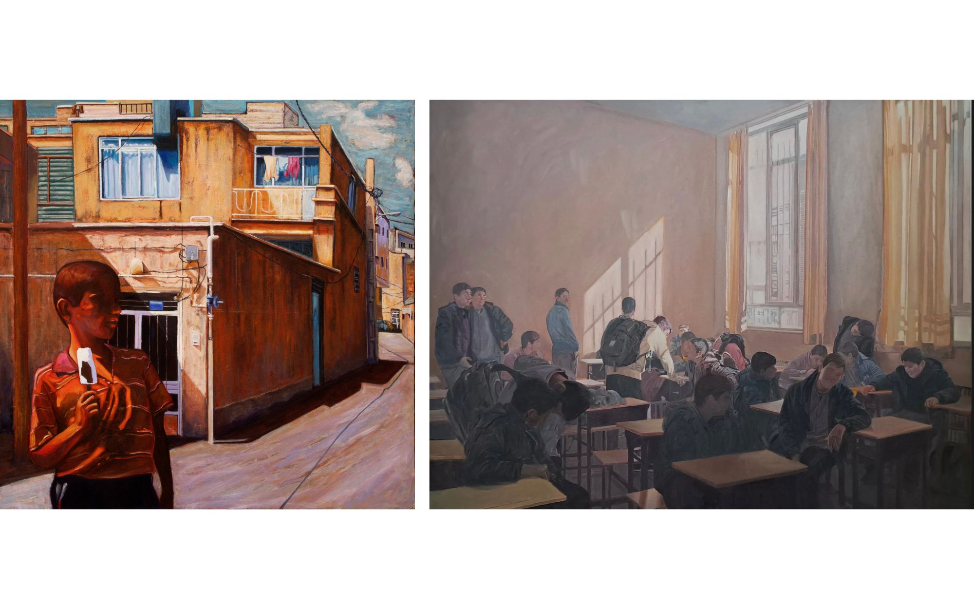 Left: Red Noon No 05 by Mehdi Chitsazha, oil on canvas, 150 x 150 cm; Right: We Keep Reviewing by Moslem Khezri, oil on canvas, 130 x 170 cm (Image Credits: SARAI Gallery)