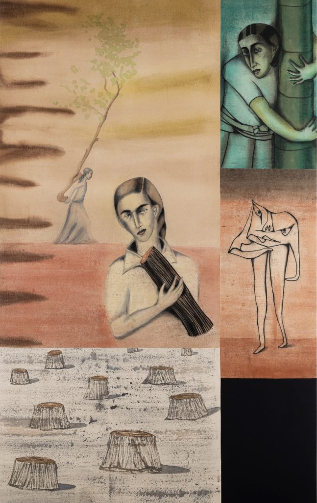 ‘Log Women’ by Anju Dodiya (2025), watercolour, charcoal and soft pastel on fabric stretched on board. (Image credit: Chemould Prescott and the artist)