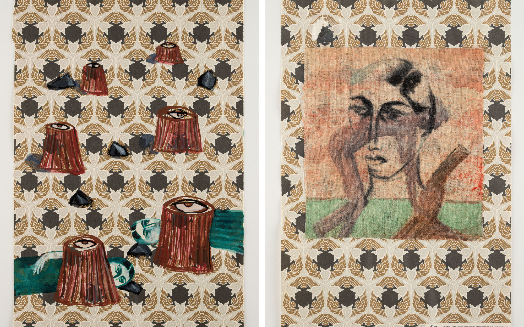 Left: Twins by Anju Dodiya (2024), watercolour and gouache on printed paper, Right: Forest Floor by Anju Dodiya (2024), watercolour and charcoal on fabric collaged on printed paper. (Image credit: Chemould Prescott and the artist)