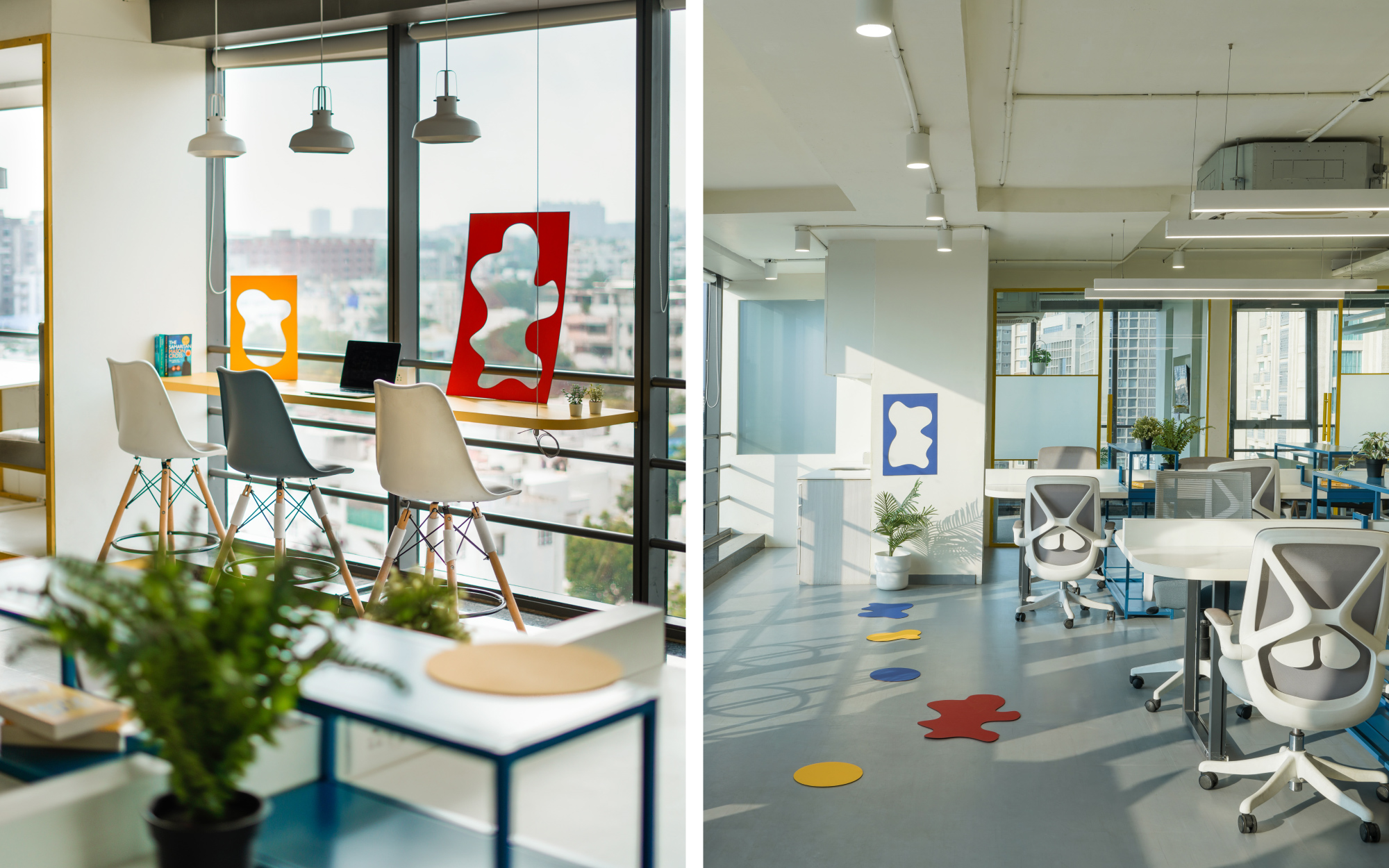 The workstations are light-filled and expressive, and the colourful inserts break the monochrome. Playful splash graphics and sunlit openness set the tone, while the white furniture and concrete flooring keeps the overall space composed. ((Image Credits: Chirag Panchal)