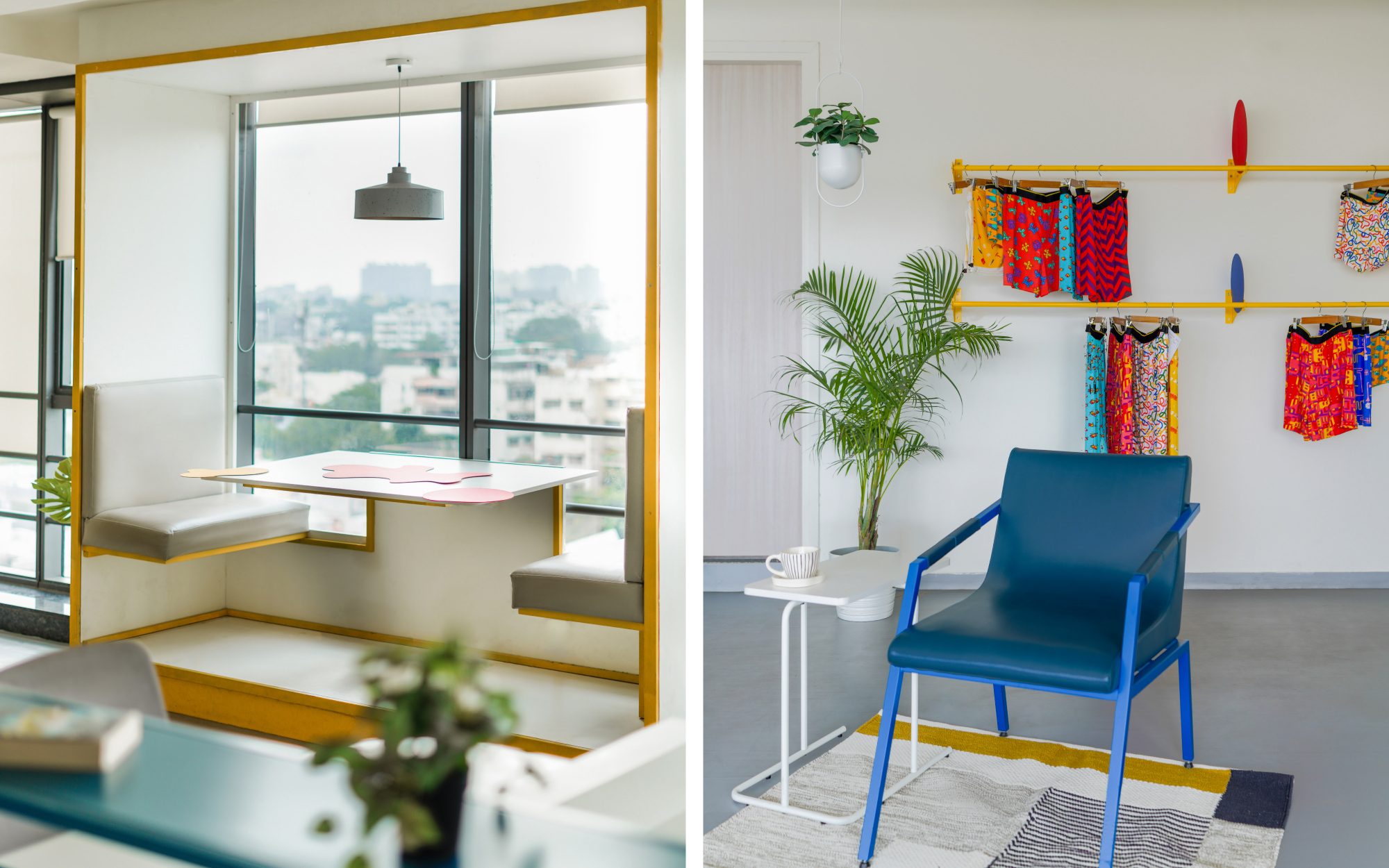 The distinctive yellow fabrication on the pod workstations looks aesthetically pleasing. Right: The brand’s playful prints set the visual cue for the workspace’s colour story. (Image Credits: Chirag Panchal)