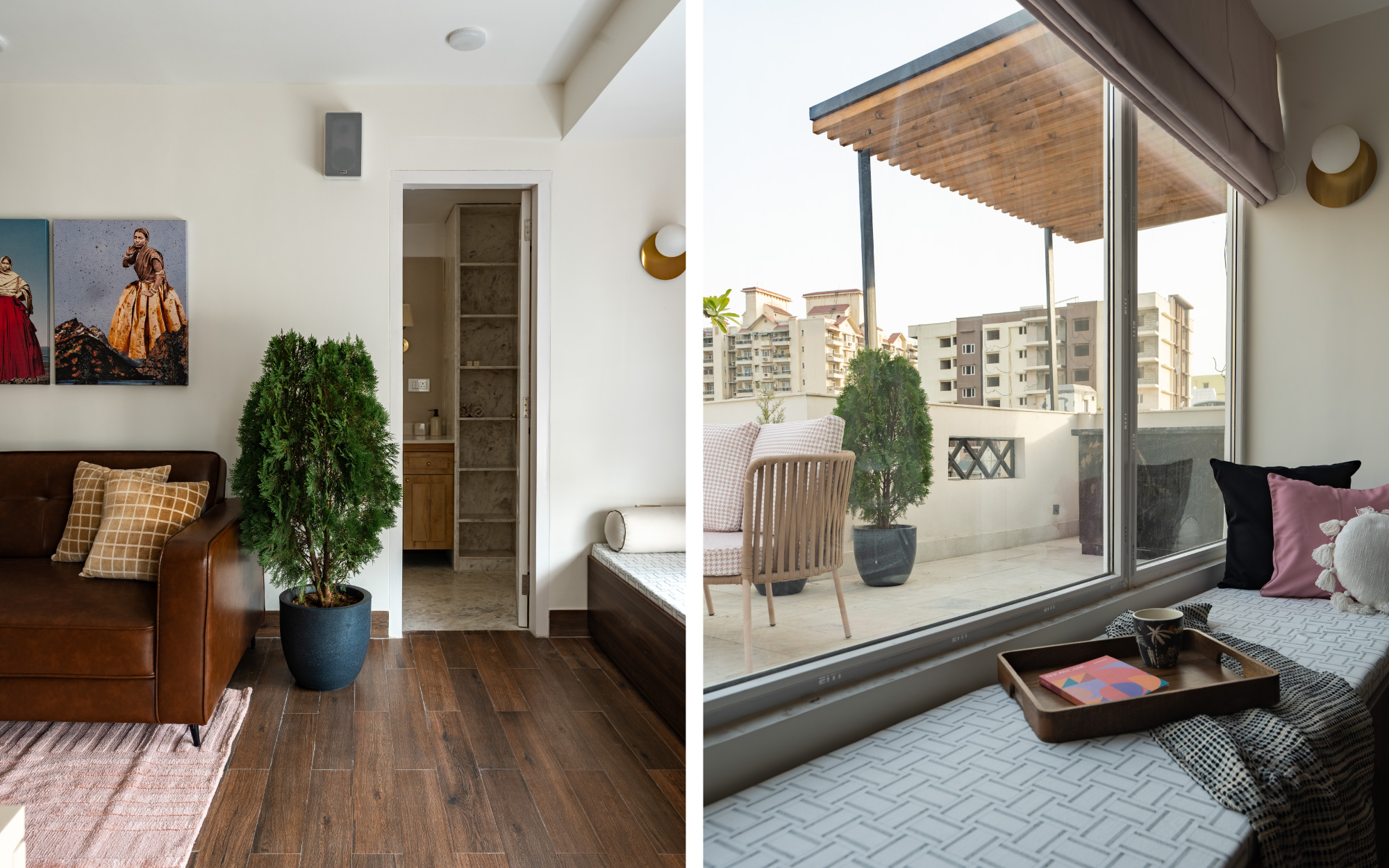 Image (Left): A quiet threshold between lounge and terrace, the bay window is softened by Onset cushions, an Obeetee rug, Kajaria tiles, and SKART artwork. Image Credits: Rohit Ganguly| Image (Right): Sun-lit and inviting, the bay window balances Asian Paints upholstery, Onset cushions, and an H&M Home tray while offering a soft glimpse of the terrace. Image Credits: Rohit Ganguly
