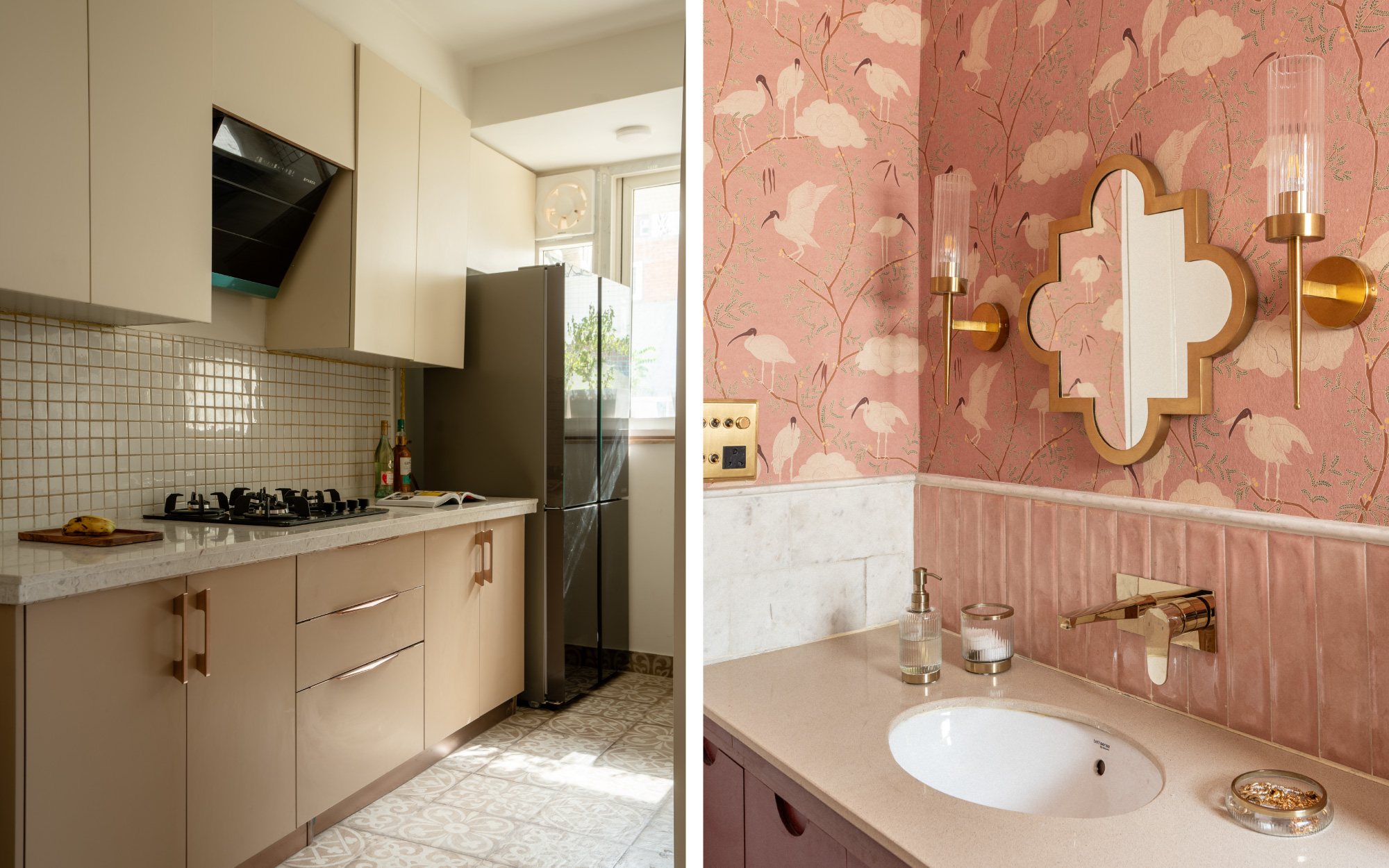 Image (Left): Hand-made mosaic tiles from House of Kalindi envelop the kitchenette backsplash, while their Moroccan-inspired flooring patterns flow seamlessly across the space. Image Credits: Rohit Ganguly| Image (Right): Asian Paints’ flamingo-pink wallpaper, House of Kalindi tiles, and Nimaara Banswara marble shape the powder room, accented by an AGL counter, Nara Livin mirror, SSK switches, and Bathsense brass fixtures. Image Credits: Rohit Ganguly