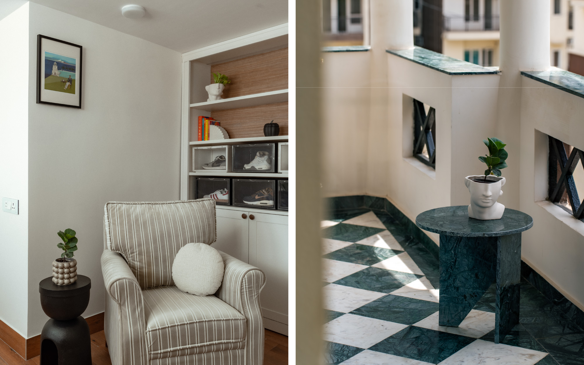 Image (Left): Sneaker storage meets bookshelf in a library that doubles as personality — softened by Asian Paints upholstery, grounded by Kajaria’s wooden-finish flooring, and accented with SKART artwork. Image Credits: Rohit Ganguly| Image (Right): A Udaipur Green marble side table accents the White Banswara and Udaipur Green checked flooring—both by Nimaara Marble. Image Credits: Rohit Ganguly