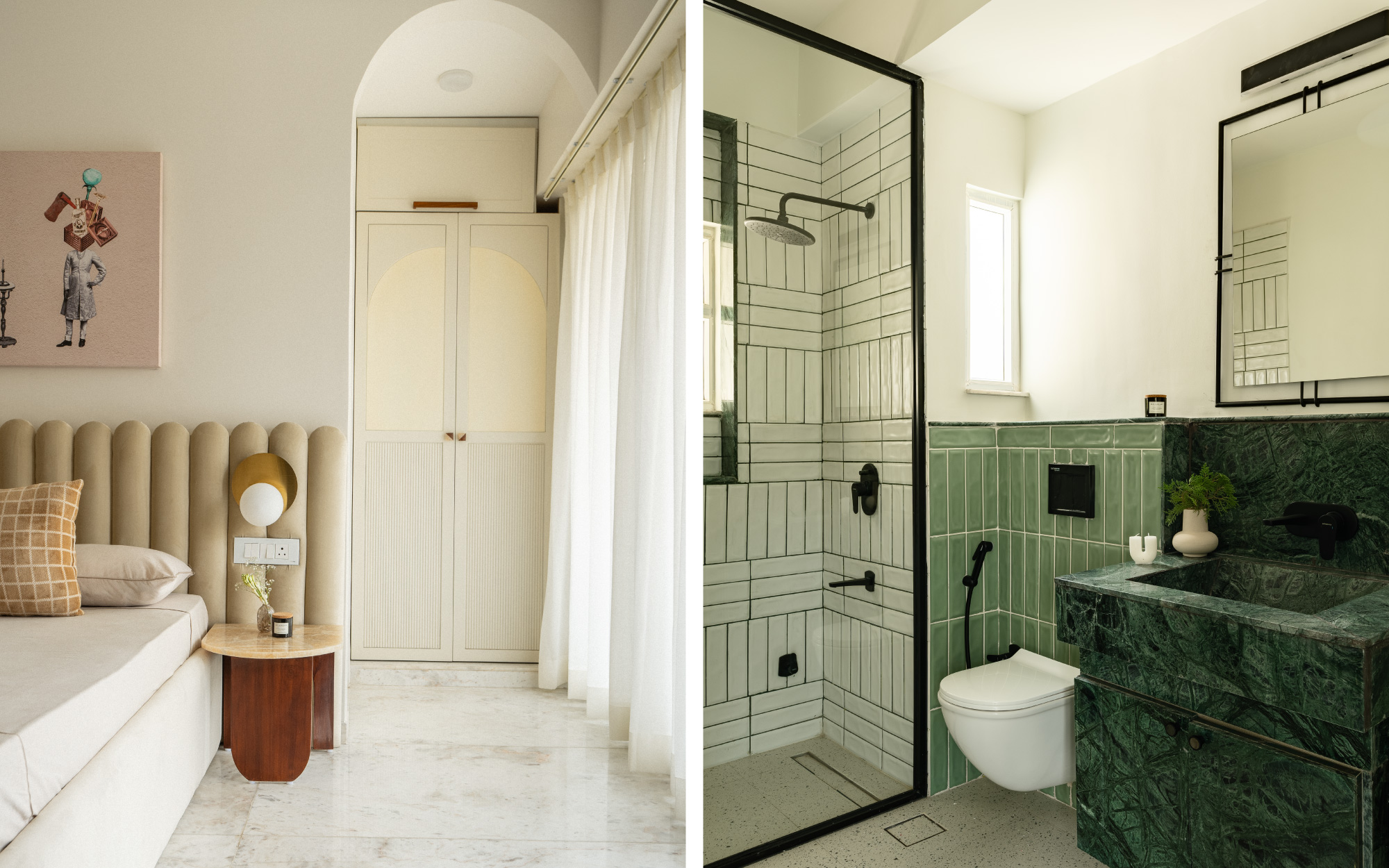 Image (Left): With Onset textiles, Asian Paints upholstery, a custom honeycomb onyx table, Nimaara Baswada marble flooring, and SKART art, the master bedroom becomes a calm, tactile escape. Image Credits: Rohit Ganguly | Image (Right): With Nimaara green marble, Soil Ceramic tiles, House of Kalindi terrazzo, slim black lines, a floating vanity, Bathsense fixtures, and a Nara mirror, the bathroom balances subtle zoning with contemporary precision. Image Credits: Rohit Ganguly